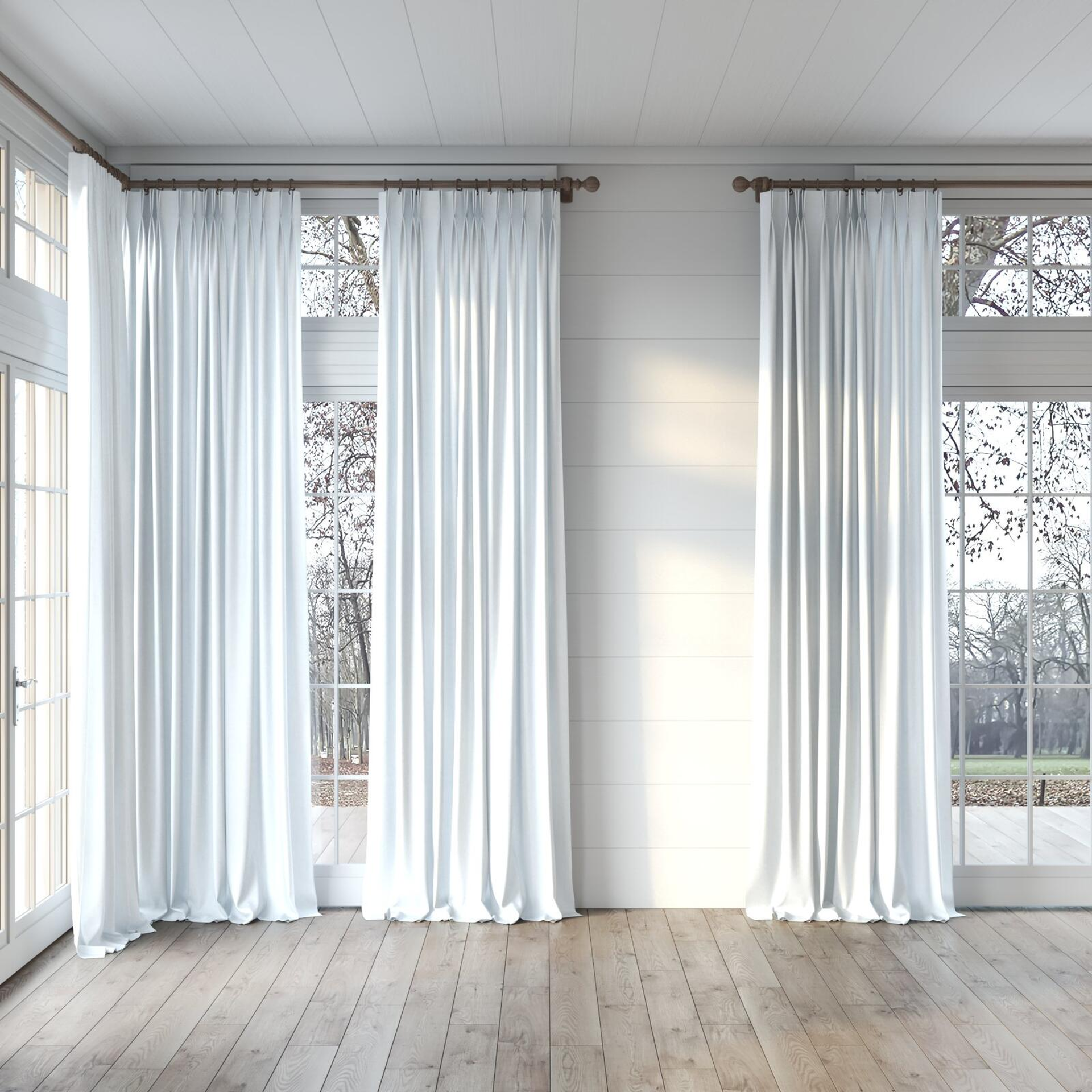 Full view of Ophelia Sky, puddled, on curtain rod
