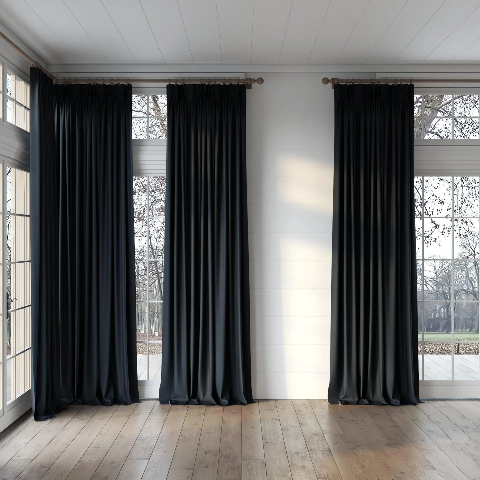 Full view of Luxo Onyx, puddled, on curtain rod