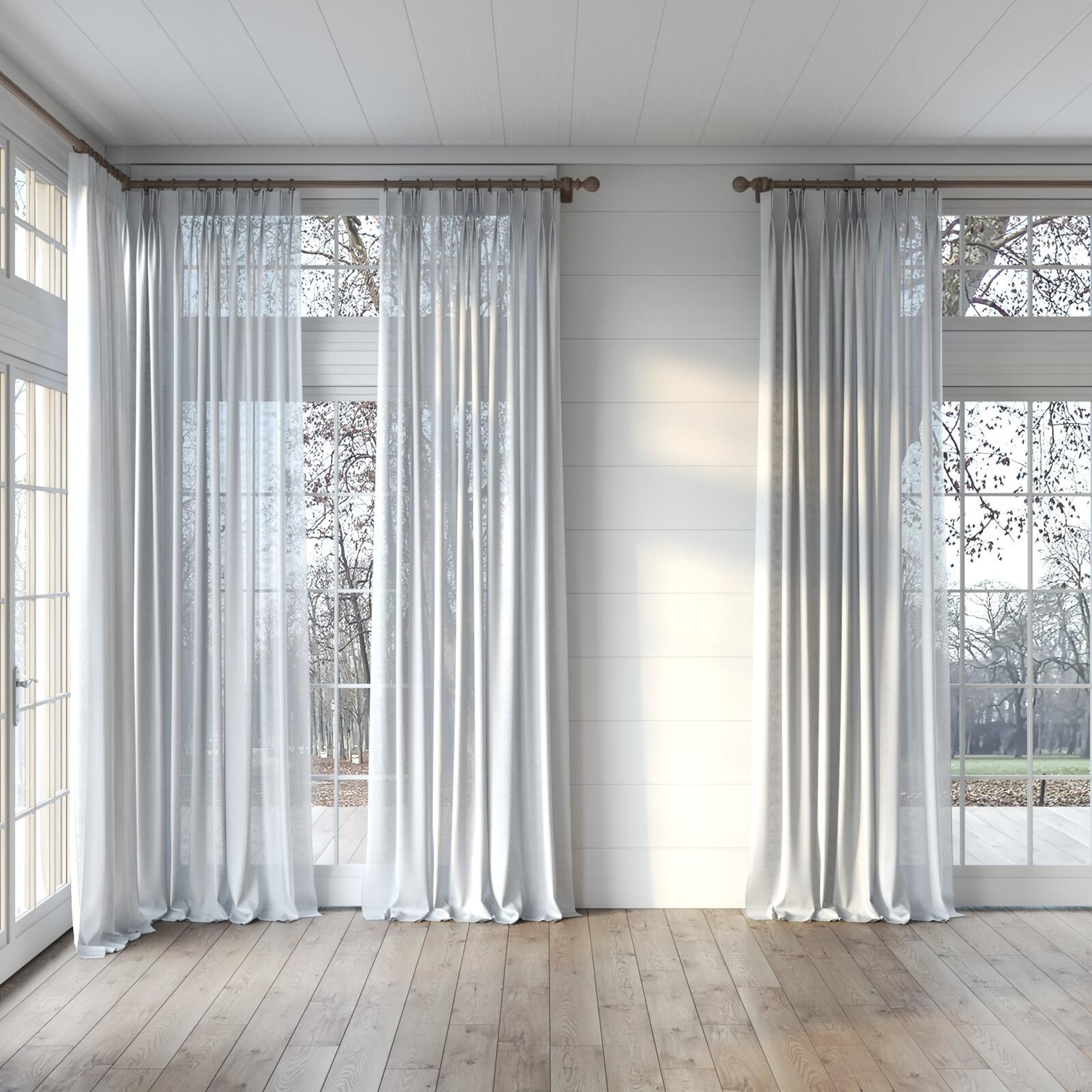 Full view of Gossy Silver, puddled, on curtain rod