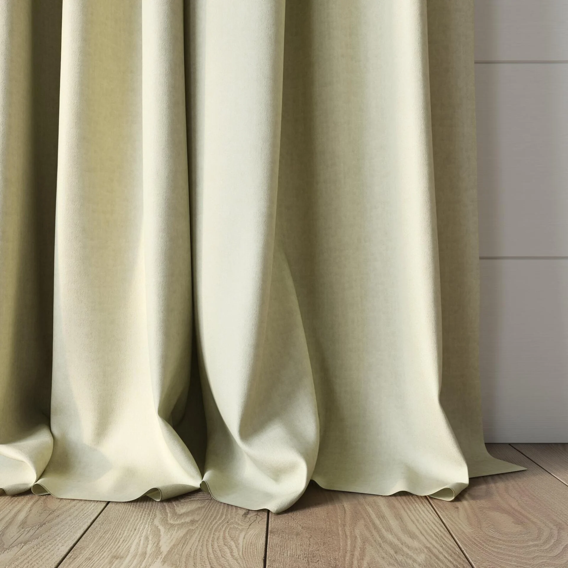 Bottom view of Cushy Marzipan, puddled, on curtain rod