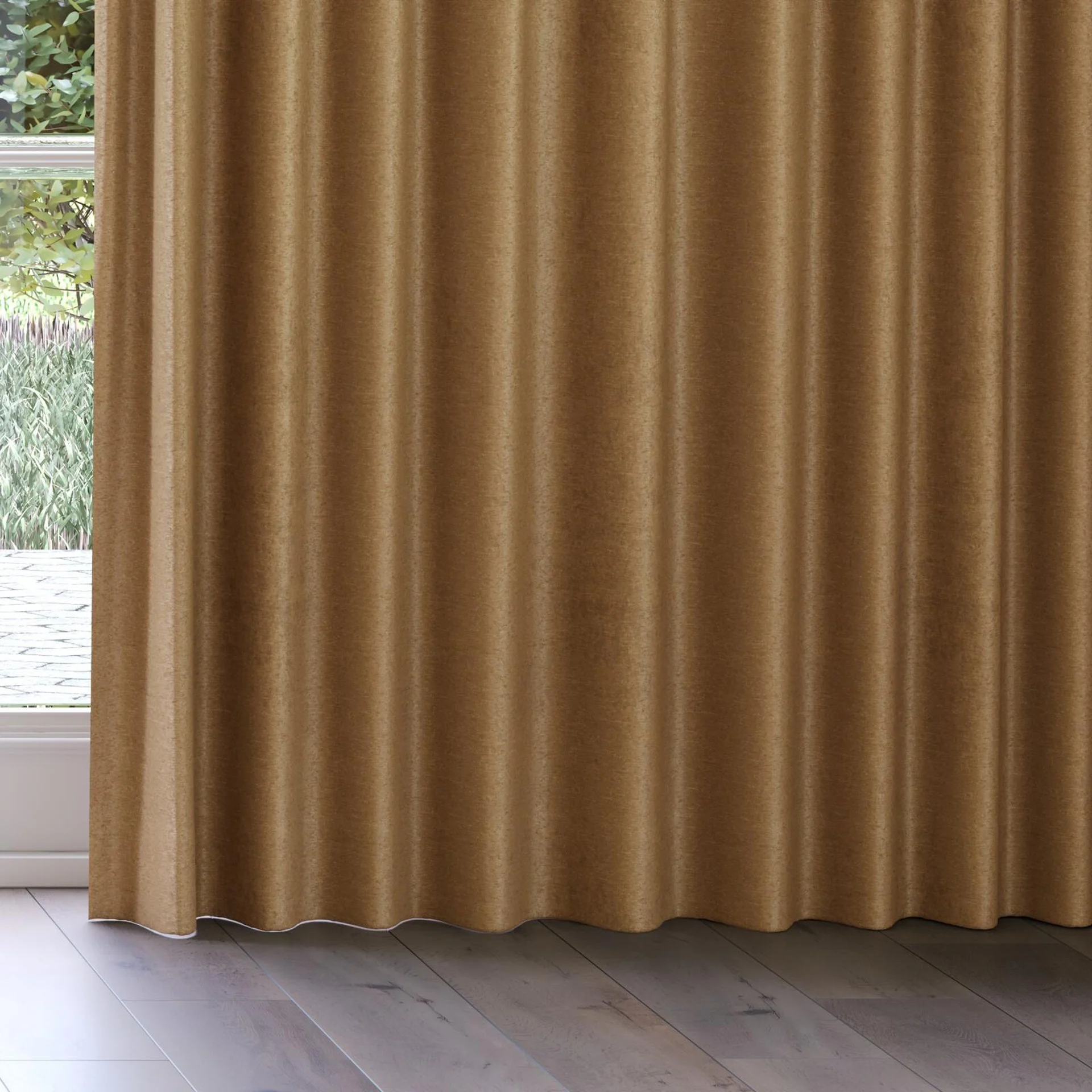 Bottom view of Lambada Brindle, on curtain rail