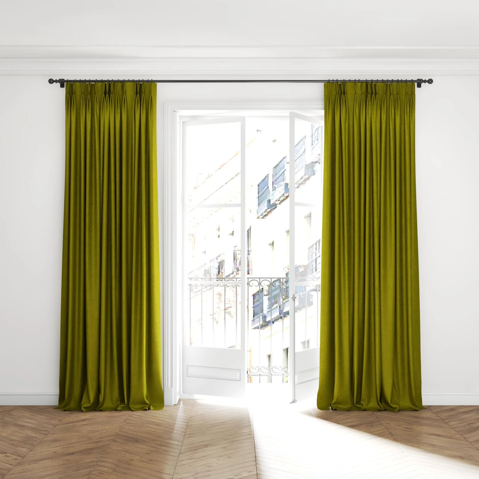Full view of Monsieur Grass, puddled with pinch pleat, on curtain rod