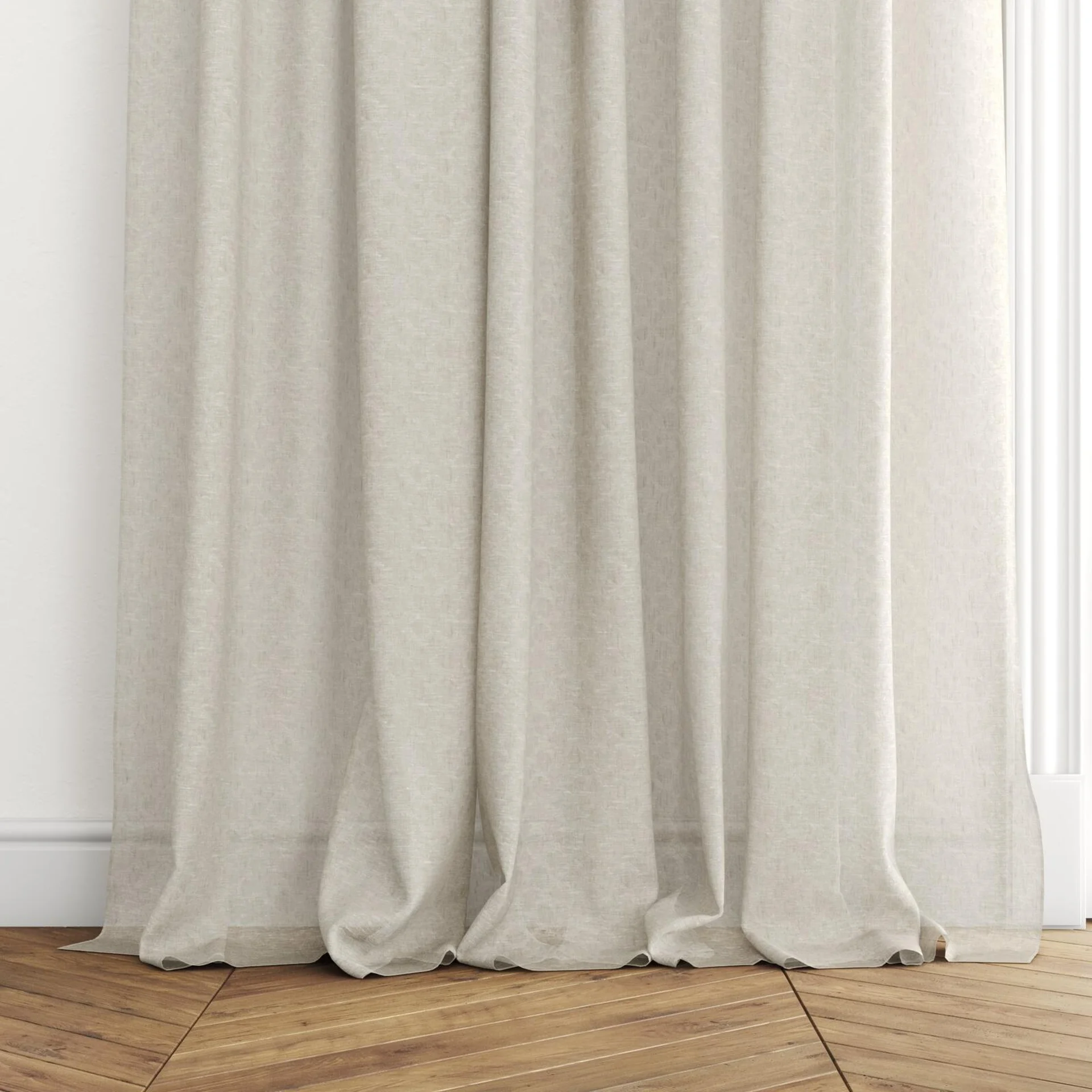 Bottom view of Lilian Raffia, puddled with pinch pleat, on curtain rod