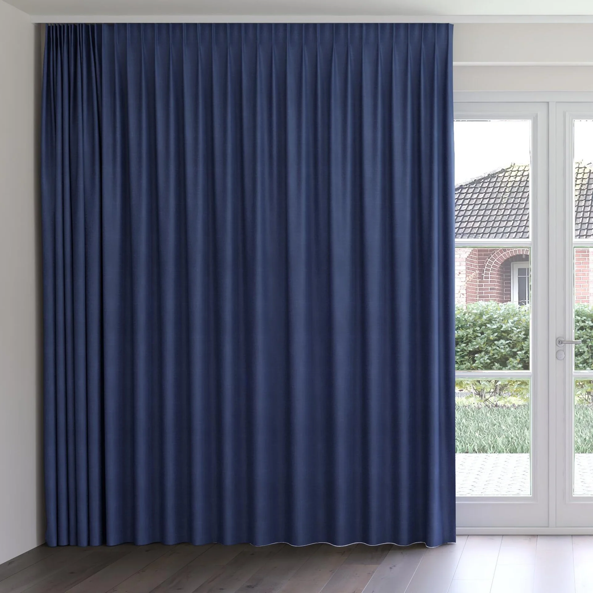 Front view of Loci Dim Out Indigo, on curtain rail