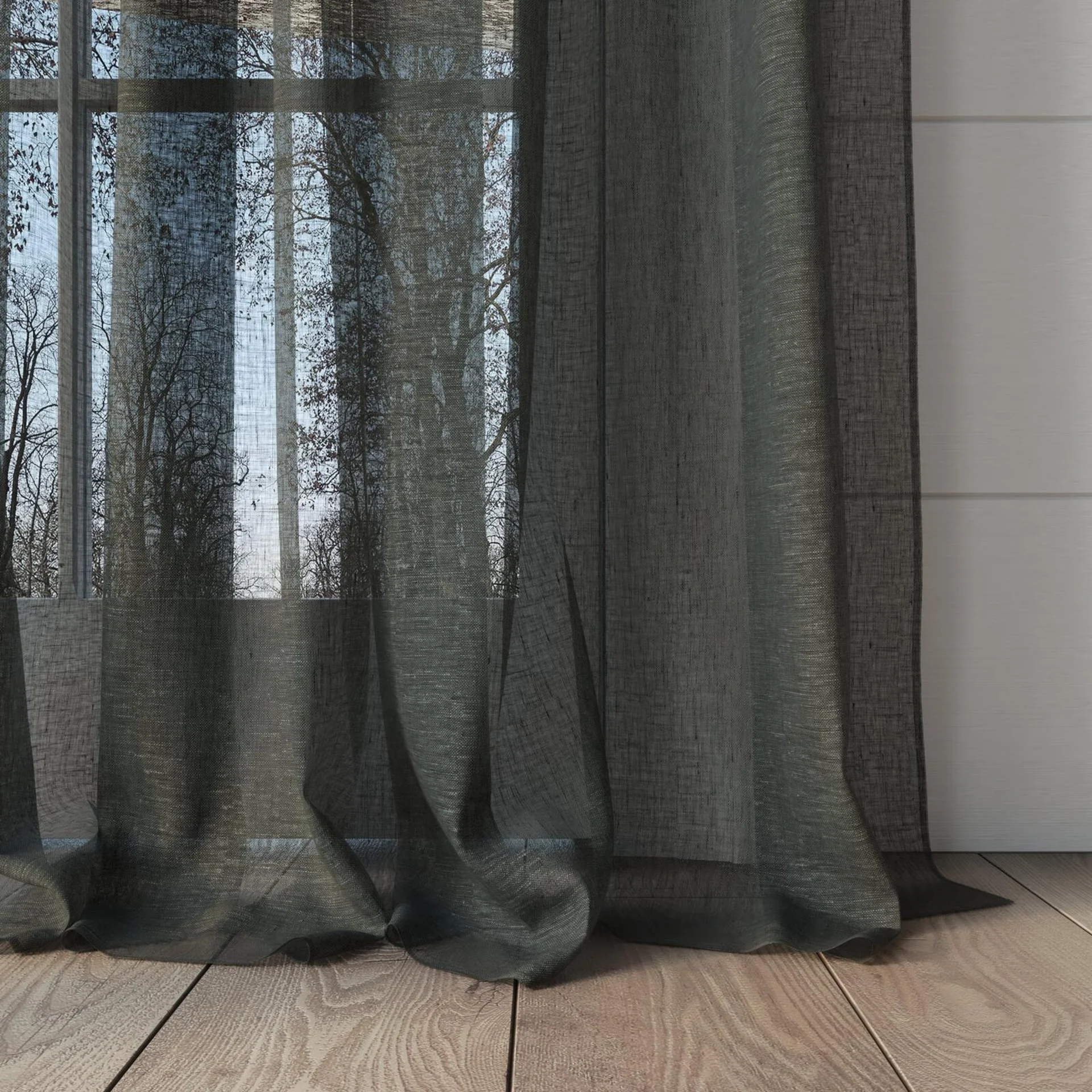 Bottom view of Pure Linen Pewter, puddled, on curtain rod