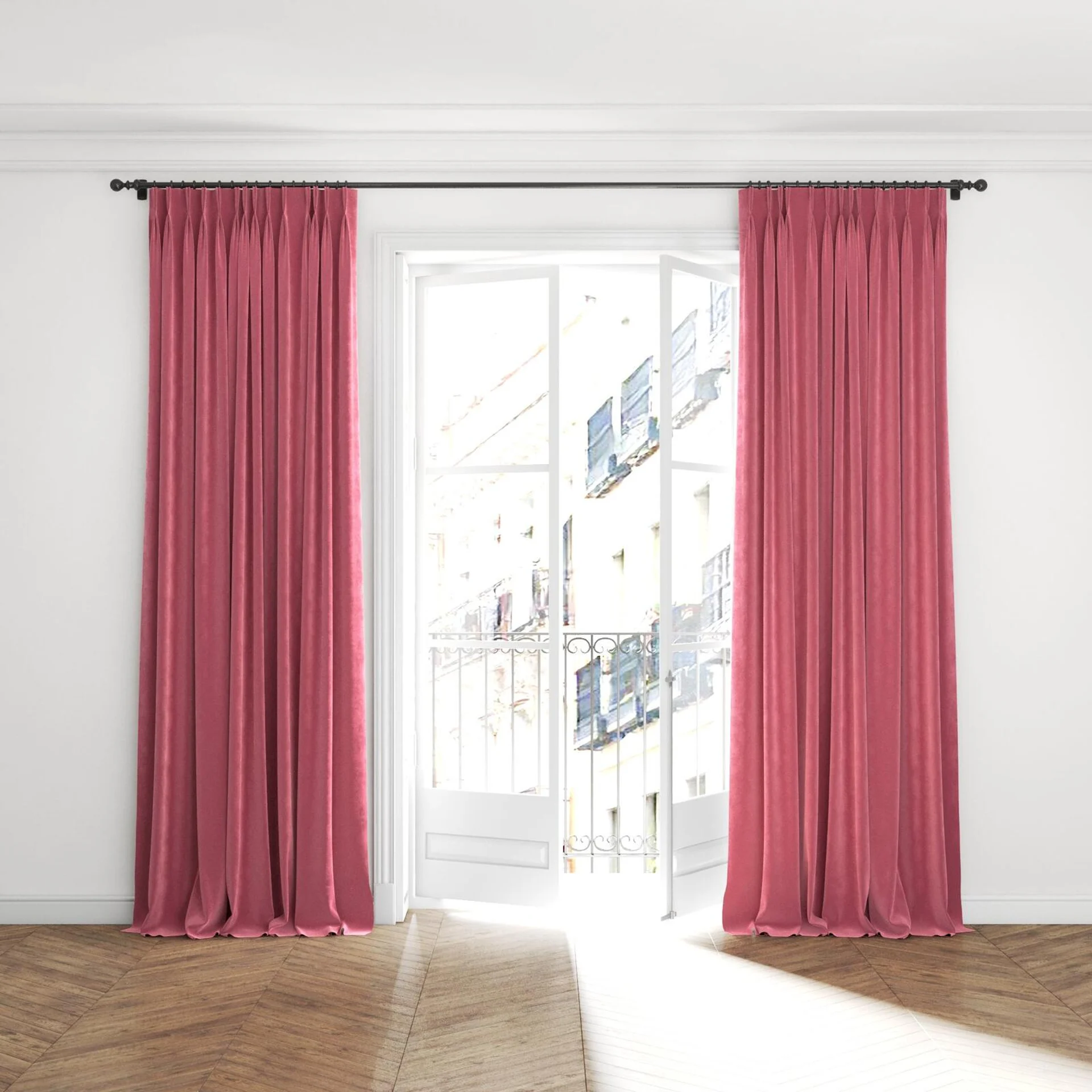 Full view of Lux Velvet Carmine 8501, puddled with pinch pleat, on curtain rod