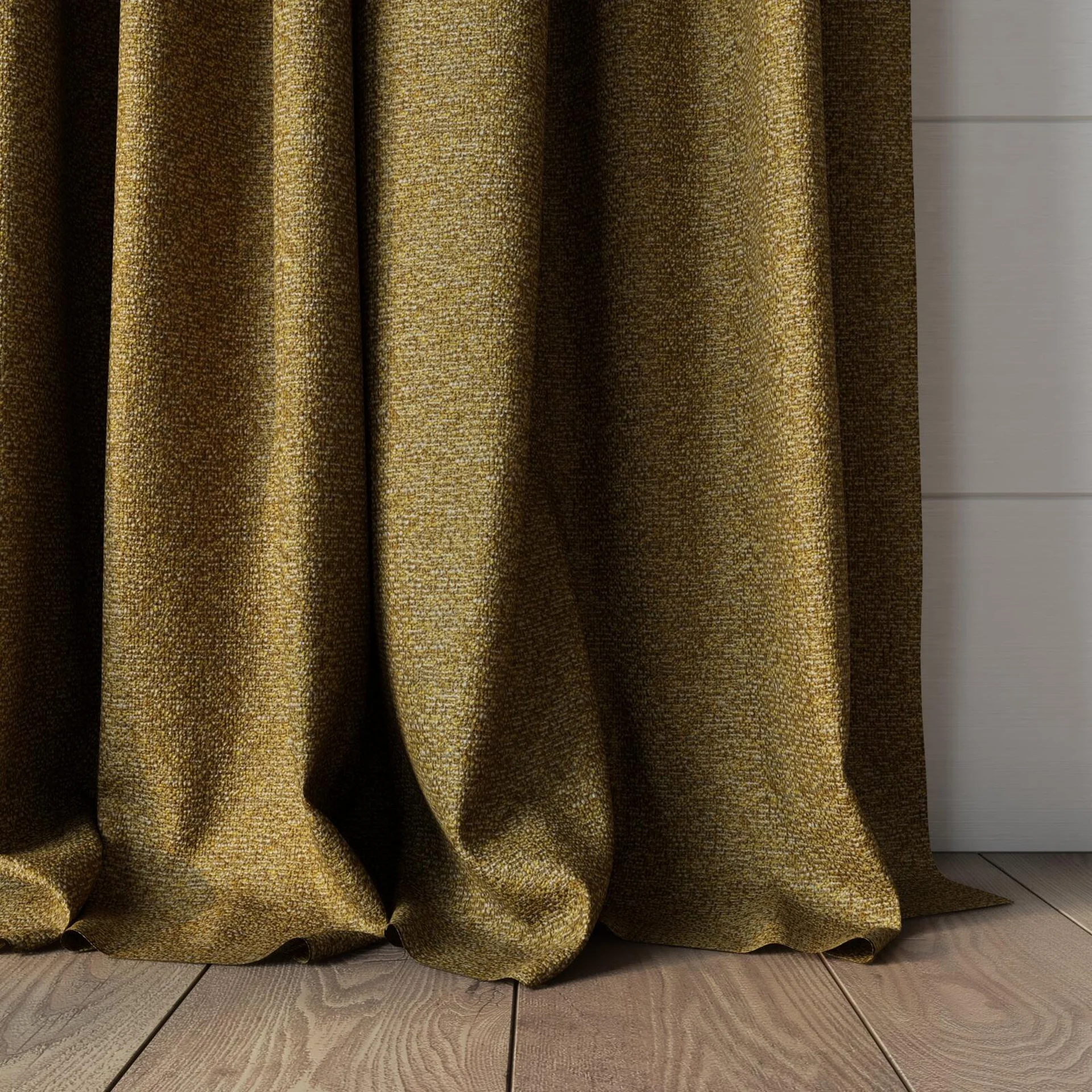 Bottom view of Bora Bora Gold, puddled, on curtain rod
