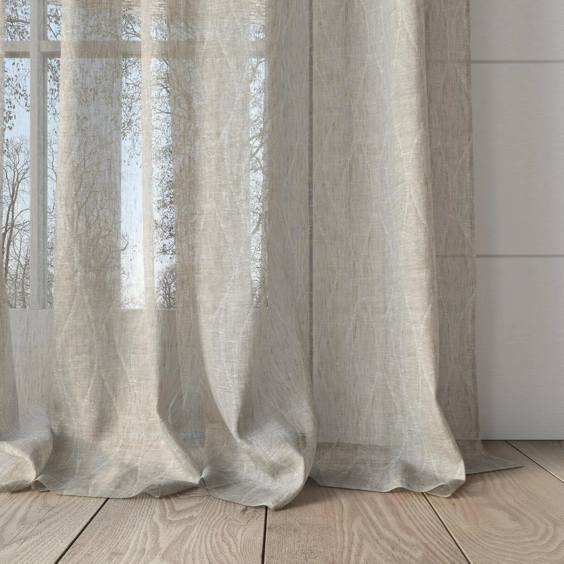 Bottom view of Henriette Raffia, puddled, on curtain rod