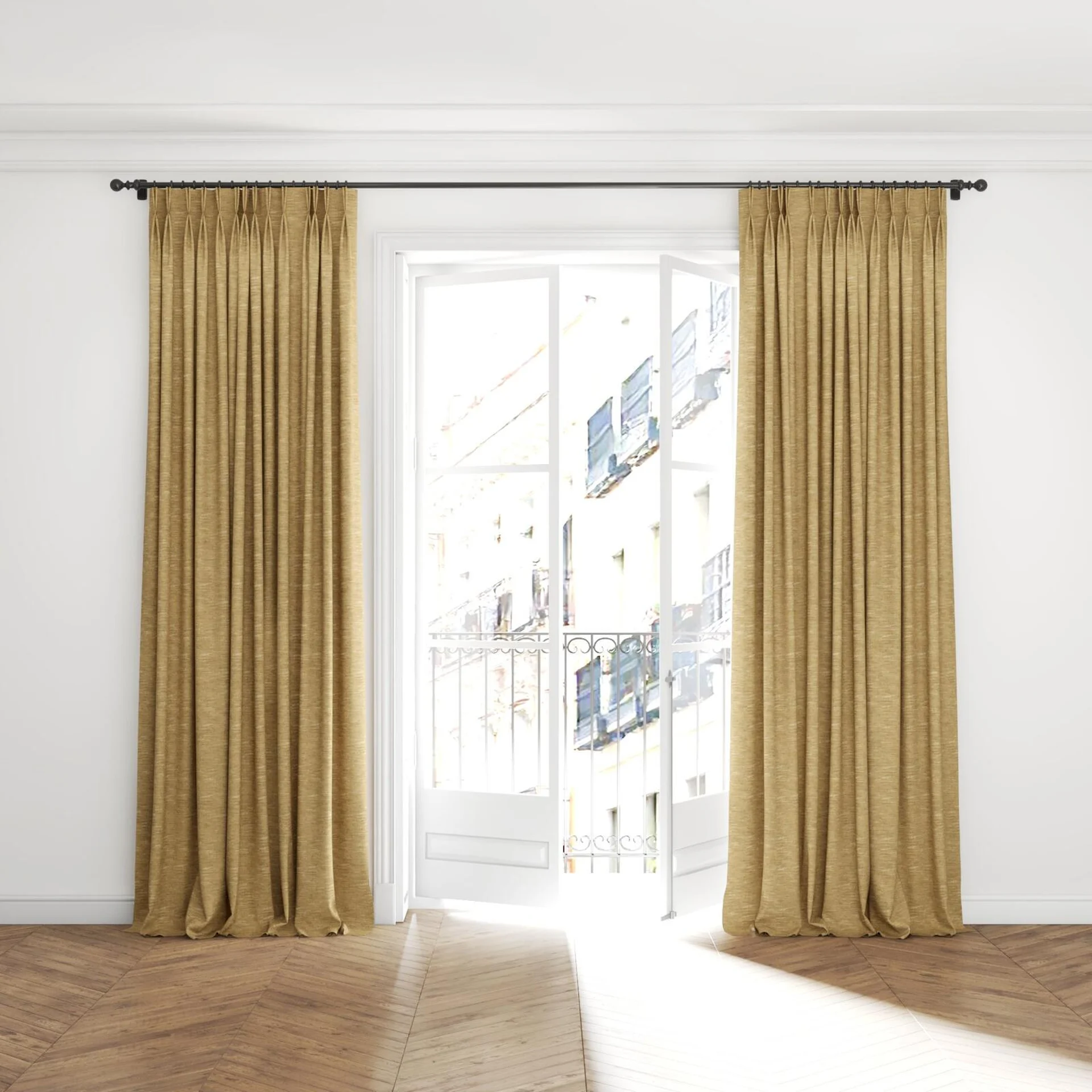 Full view of Venus Straw, puddled with pinch pleat, on curtain rod