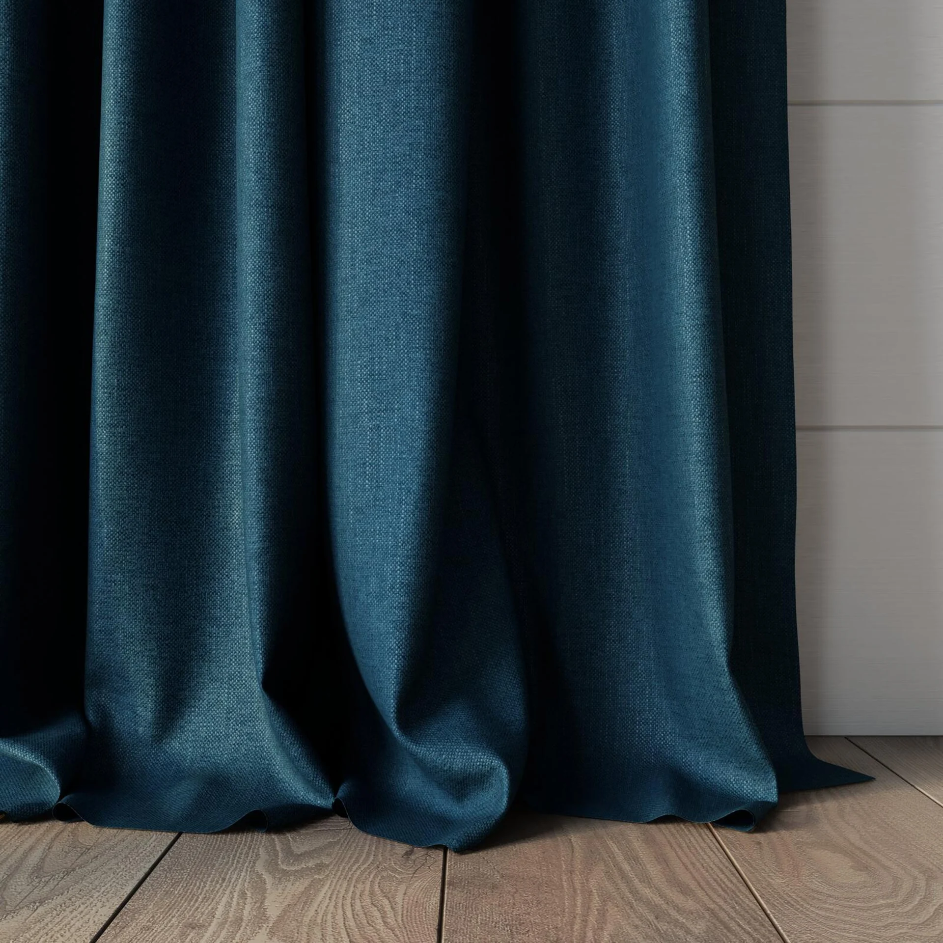 Bottom view of Perfecto Teal, puddled, on curtain rod