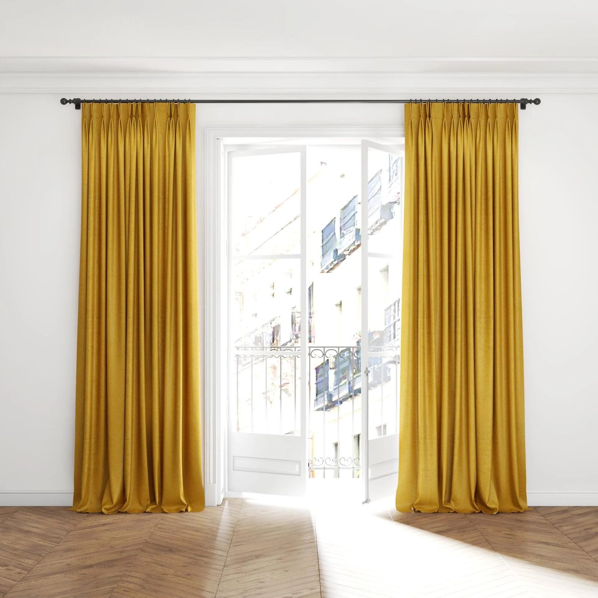 Full view of Lambada Mimosa, puddled with pinch pleat, on curtain rod