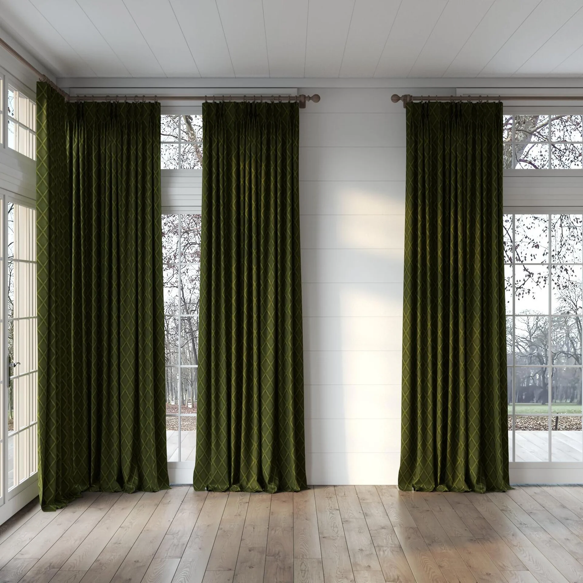 Full view of Pantheon Chive, puddled, on curtain rod