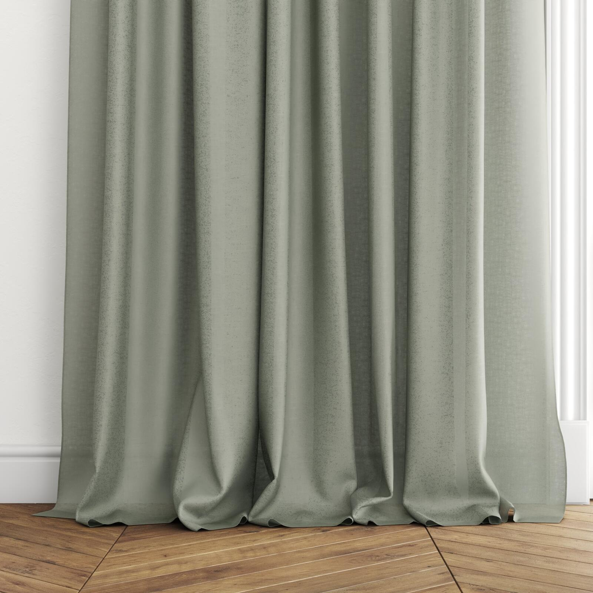 Bottom view of Wategos Mineral, puddled with pinch pleat, on curtain rod
