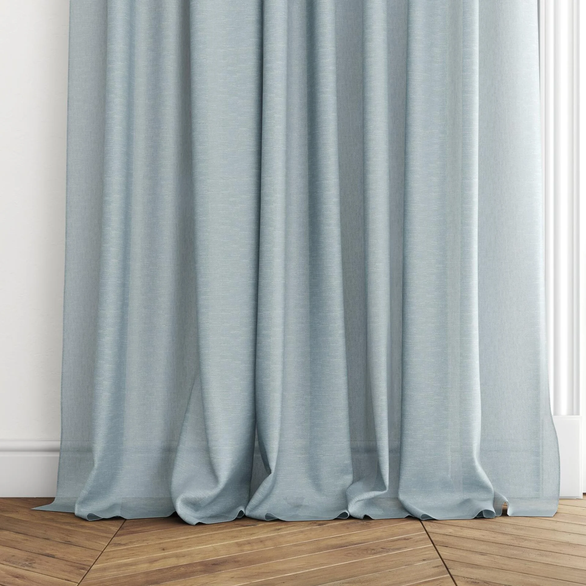 Bottom view of Alcova River, puddled with pinch pleat, on curtain rod