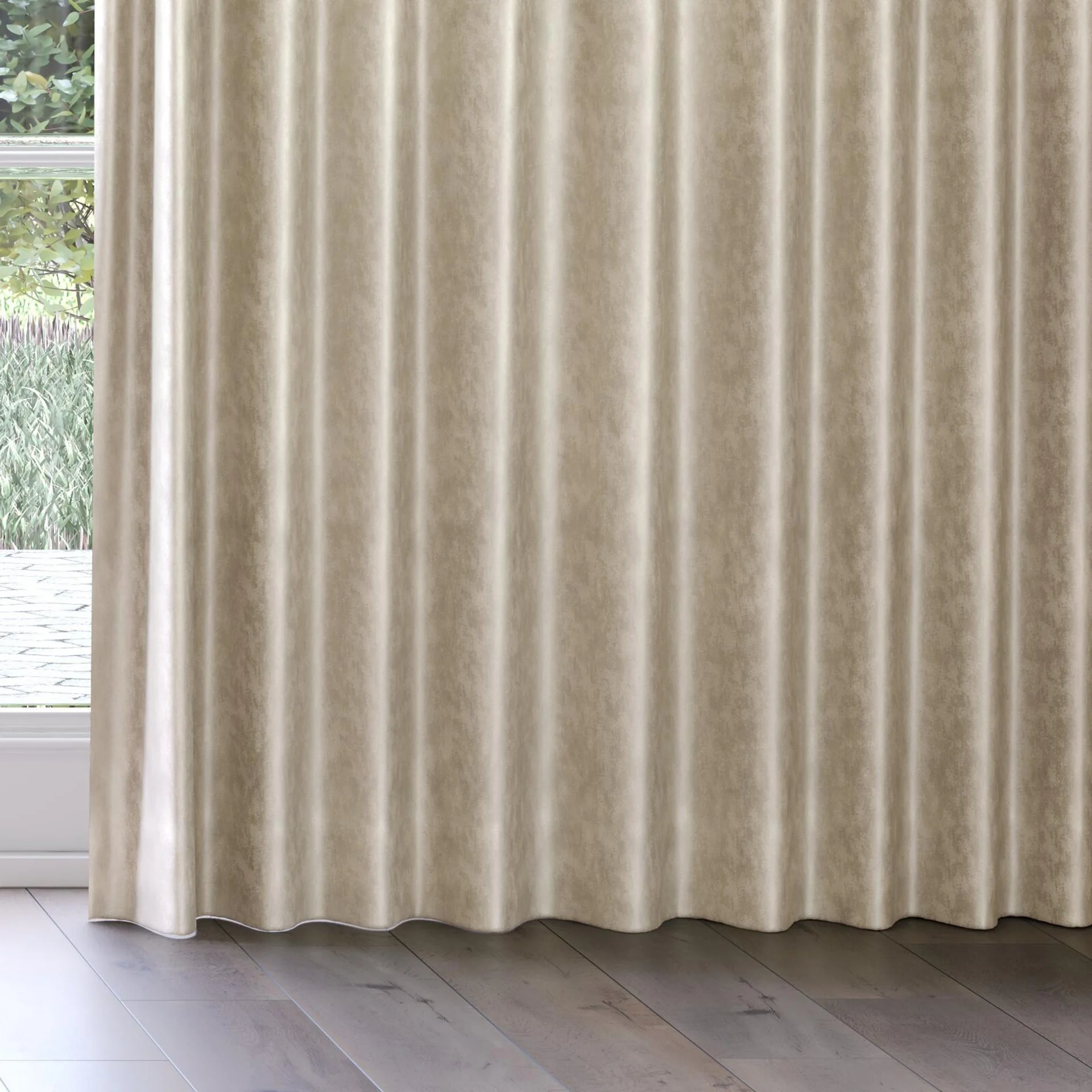 Bottom view of Fizz Marzipan, on curtain rail