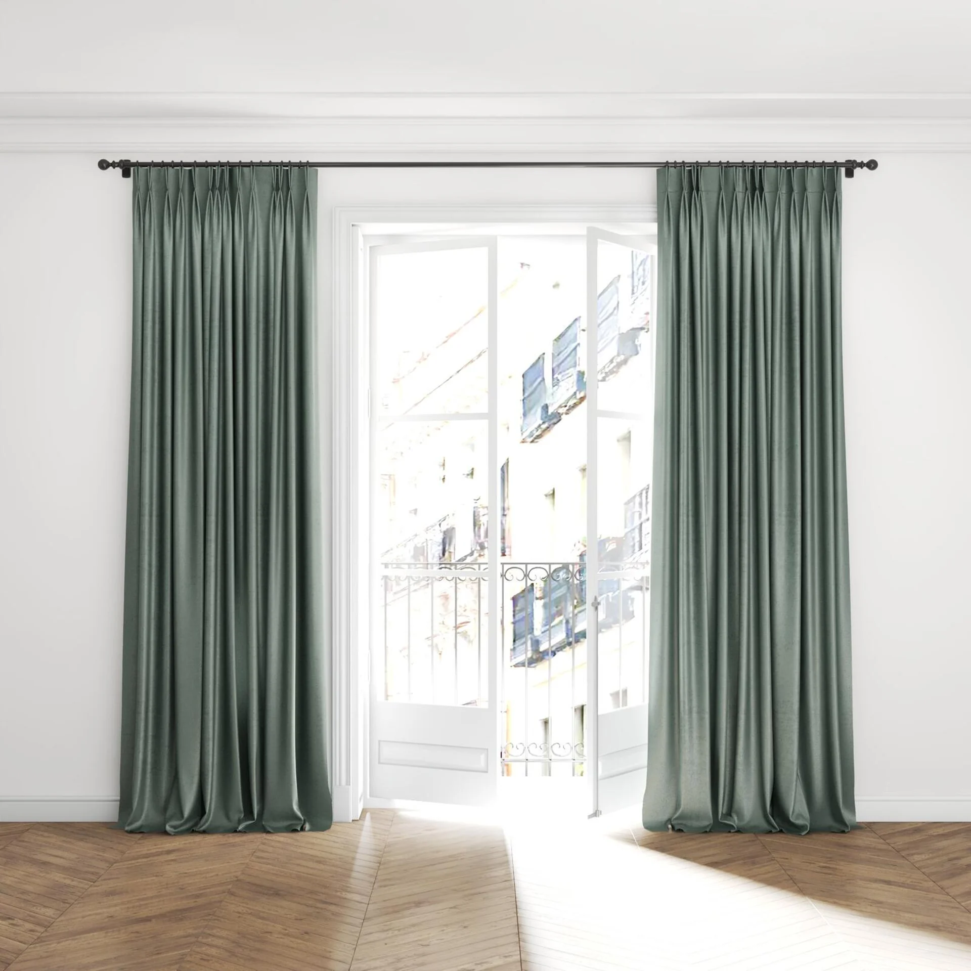 Full view of Lambada Lead, puddled with pinch pleat, on curtain rod