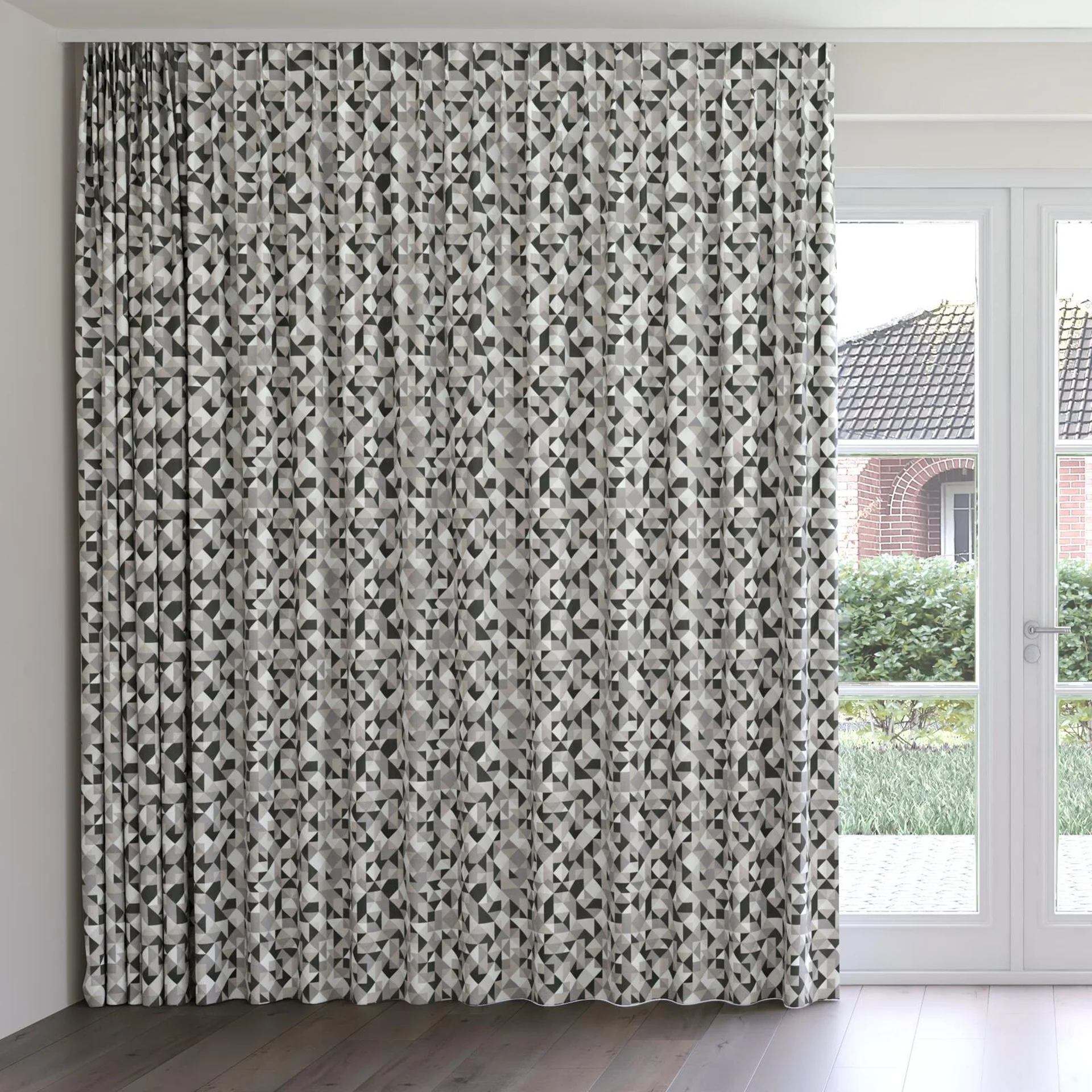 Front view of Junko Silver, on curtain rail