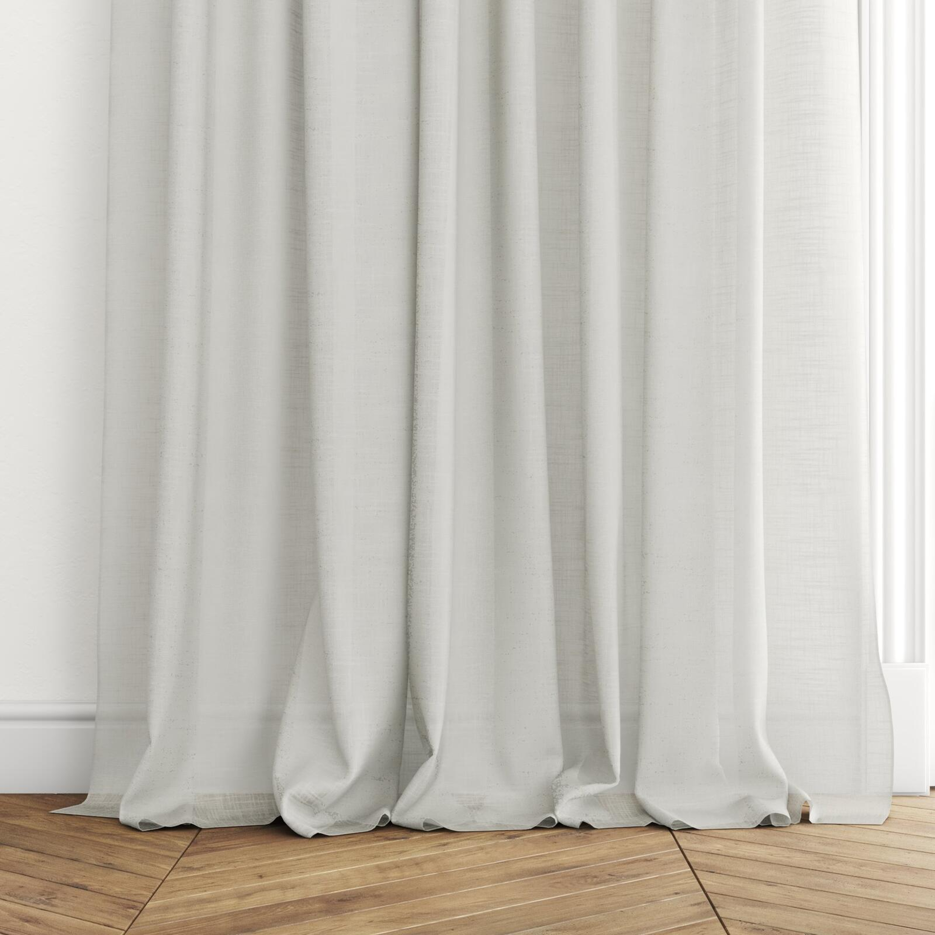 Bottom view of Savina Haze, puddled with pinch pleat, on curtain rod