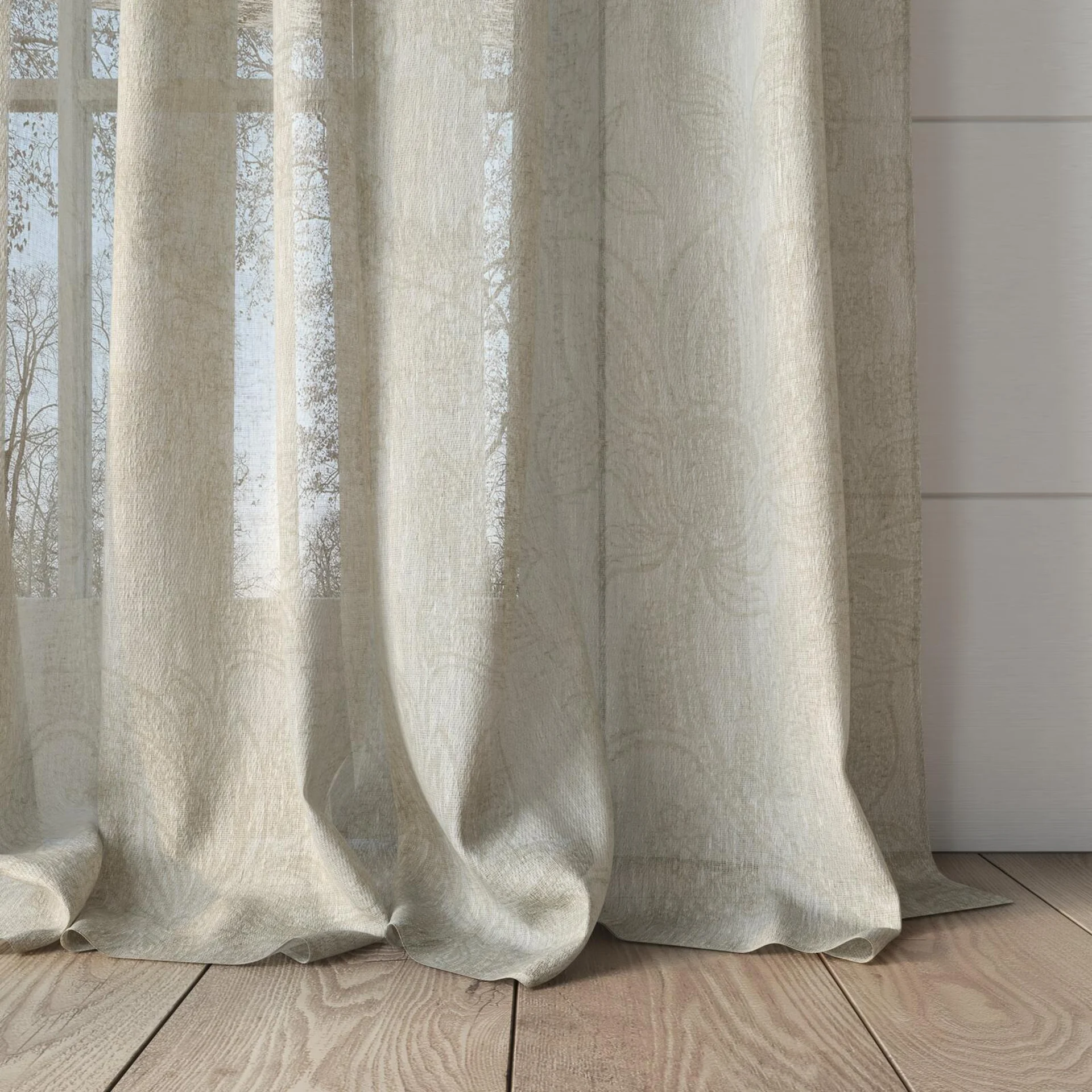 Bottom view of Savona Raffia, puddled, on curtain rod
