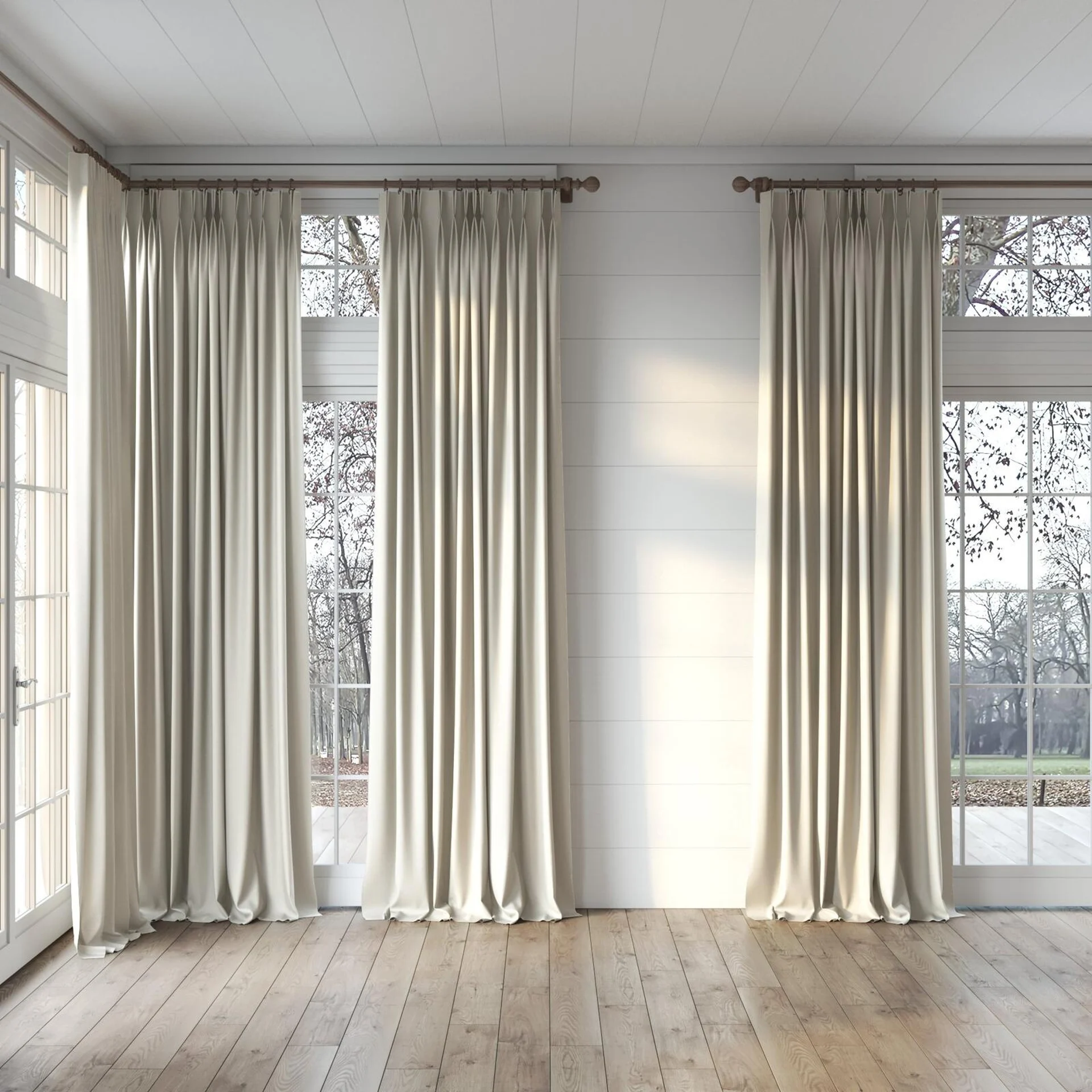 Full view of Colourwash Eco Greige, puddled, on curtain rod