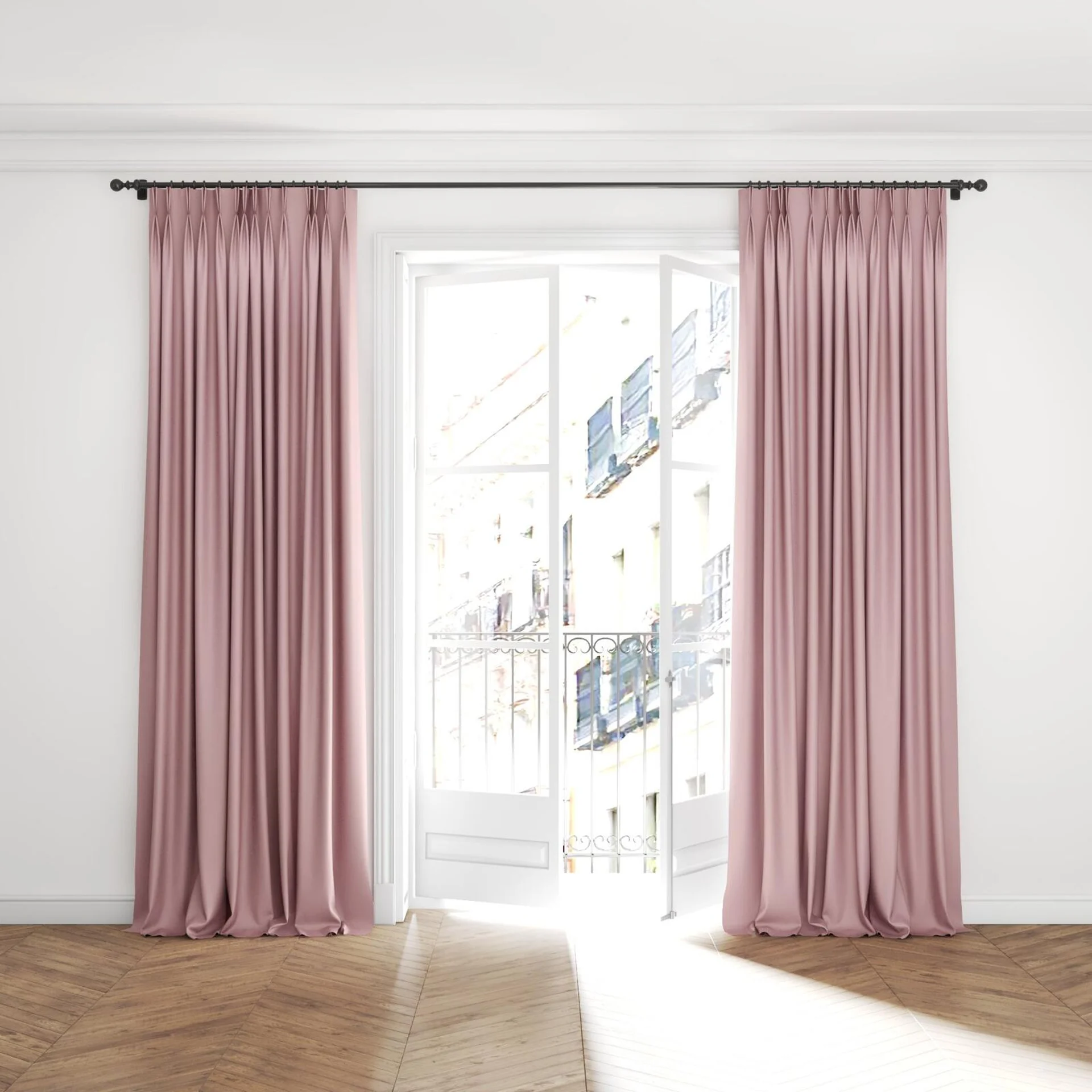 Full view of Grove Lotus, puddled with pinch pleat, on curtain rod