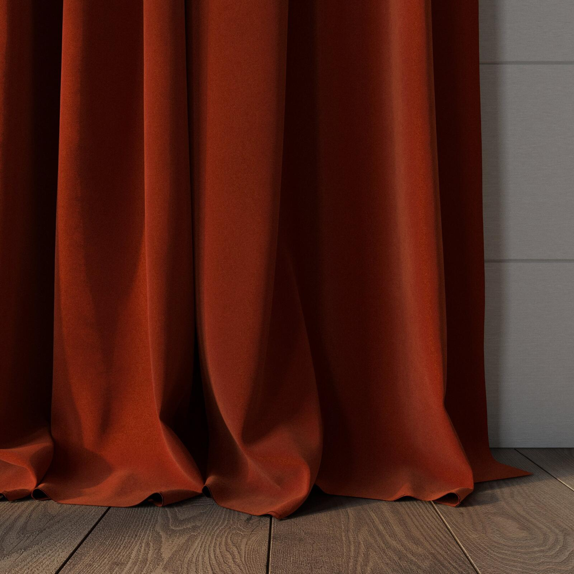 Bottom view of Verbier Sienna, puddled, on curtain rod