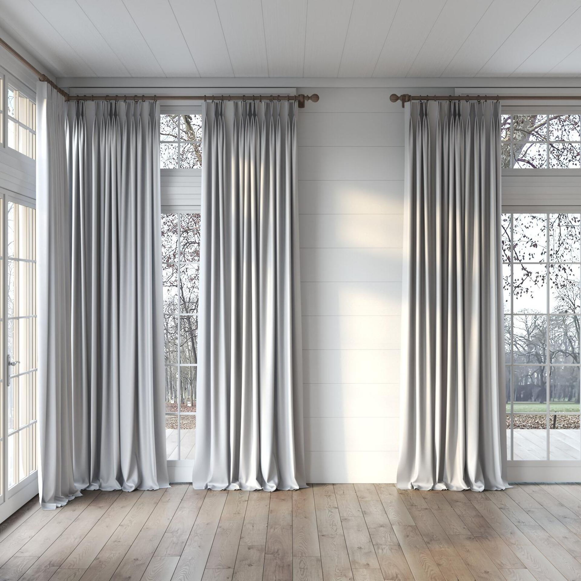 Full view of Re-Vive Platinum, puddled, on curtain rod