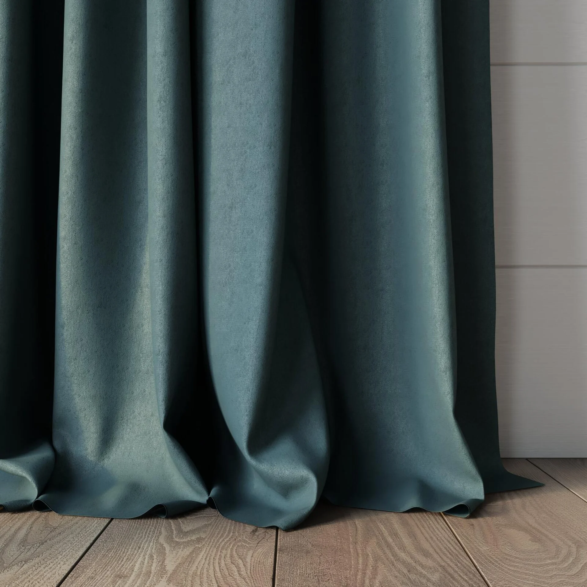 Bottom view of Luxo Teal, puddled, on curtain rod