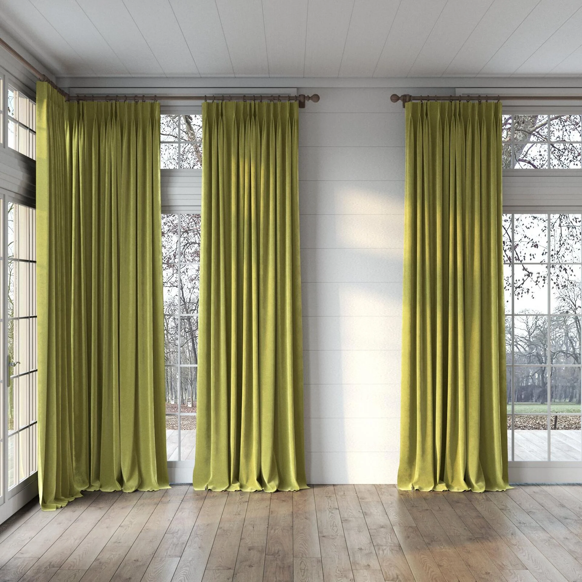 Full view of Lux Velvet Avocado 8117, puddled, on curtain rod