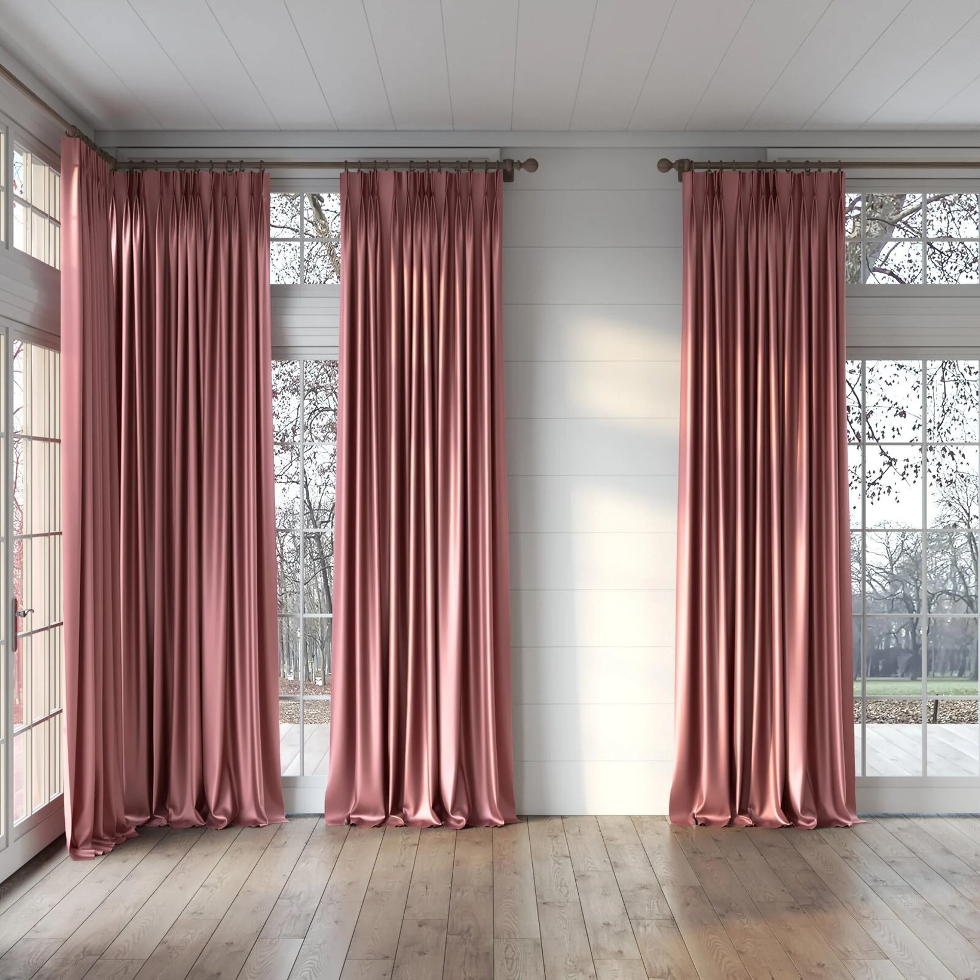 Full view of North Face Blossom, puddled, on curtain rod
