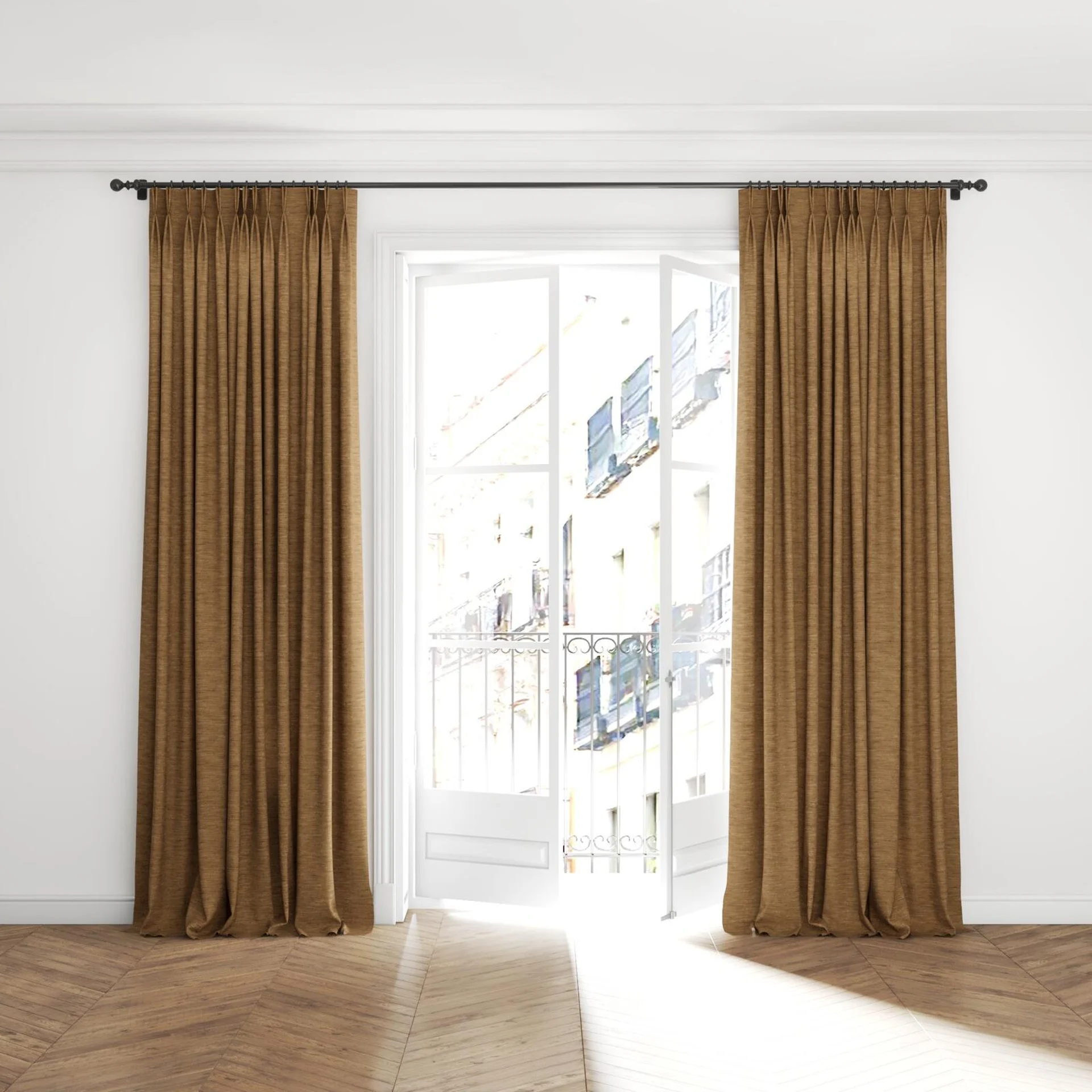 Full view of Venus Almond, puddled with pinch pleat, on curtain rod