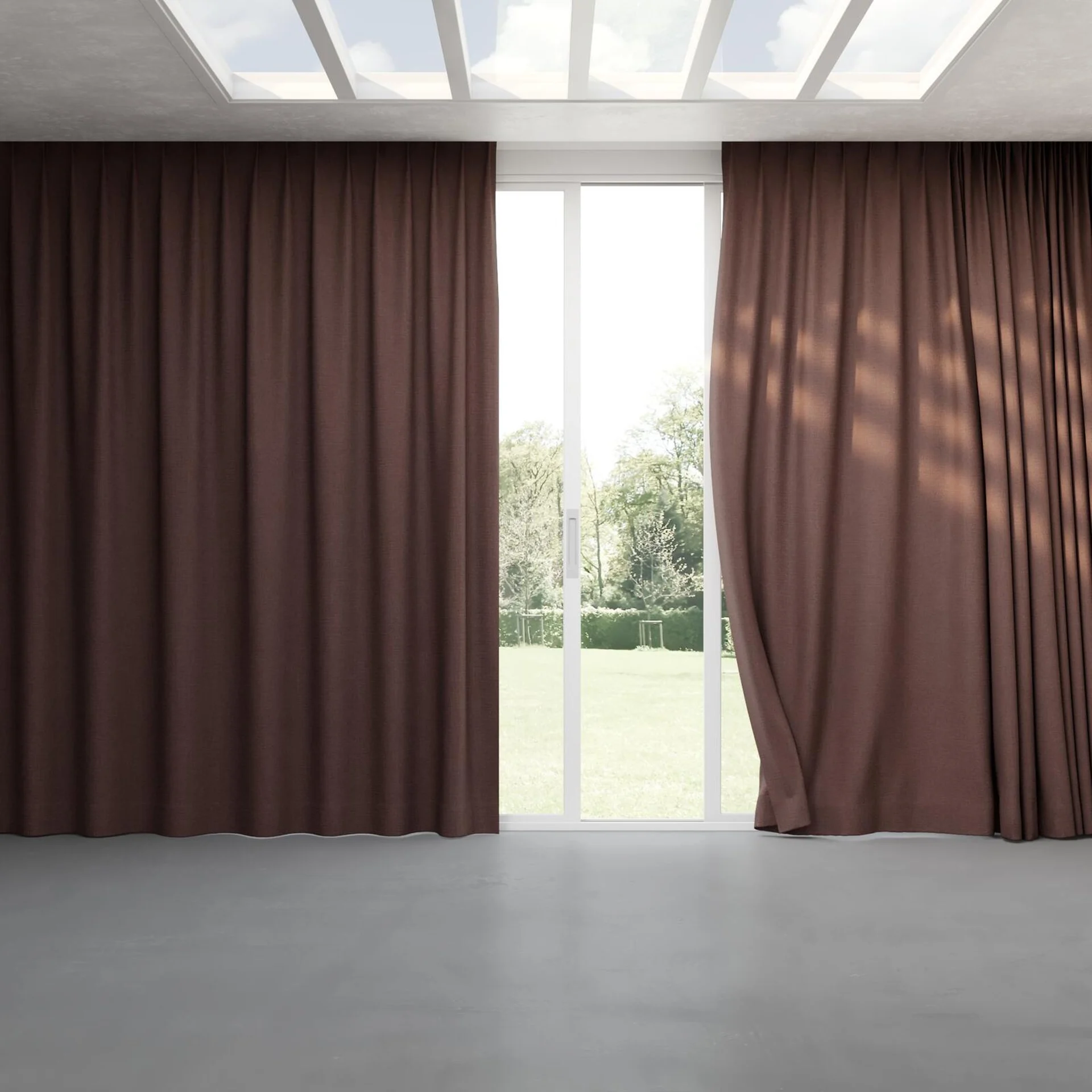 Full view of Planet Plum, pinch pleat