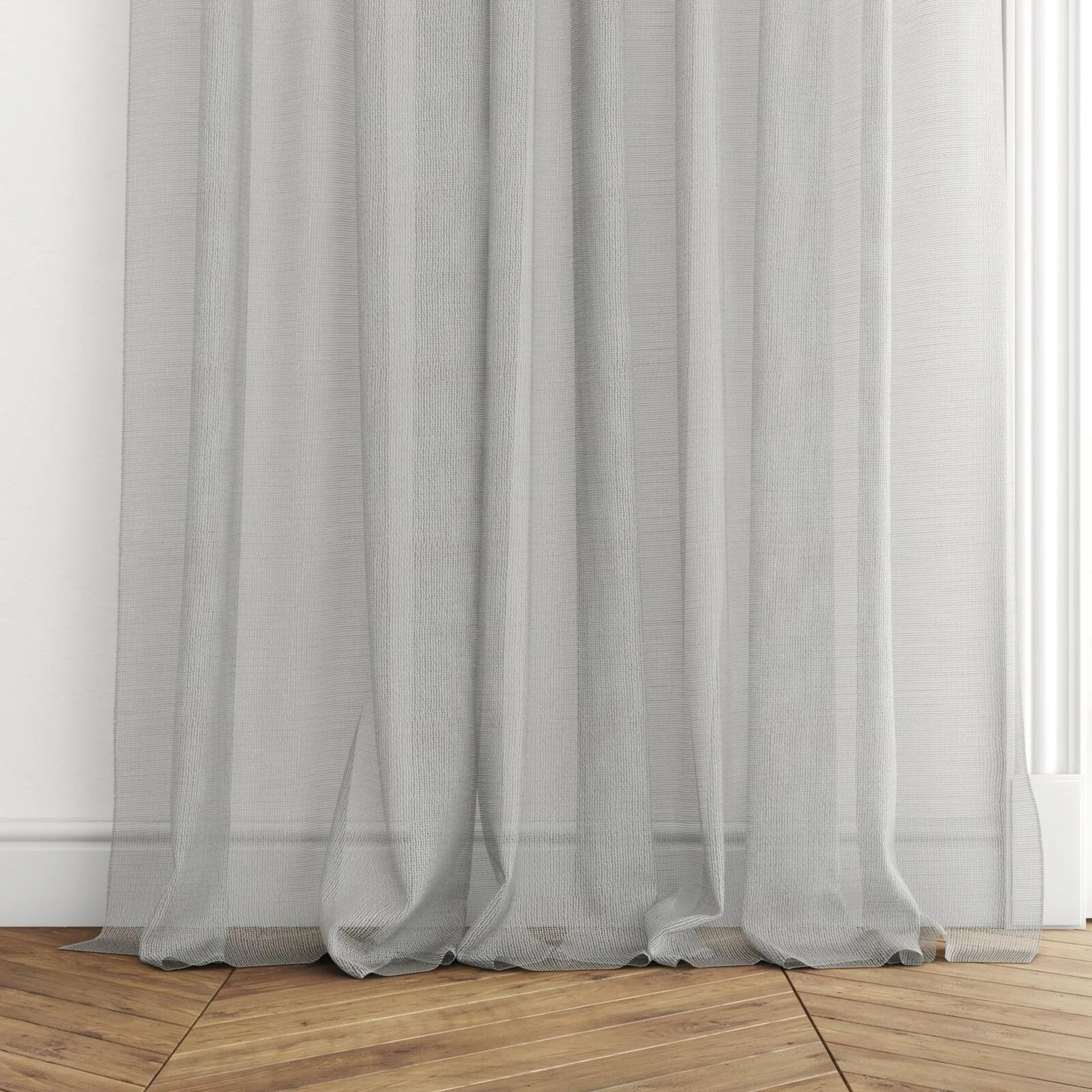 Bottom view of Radiant Mist, puddled with pinch pleat, on curtain rod