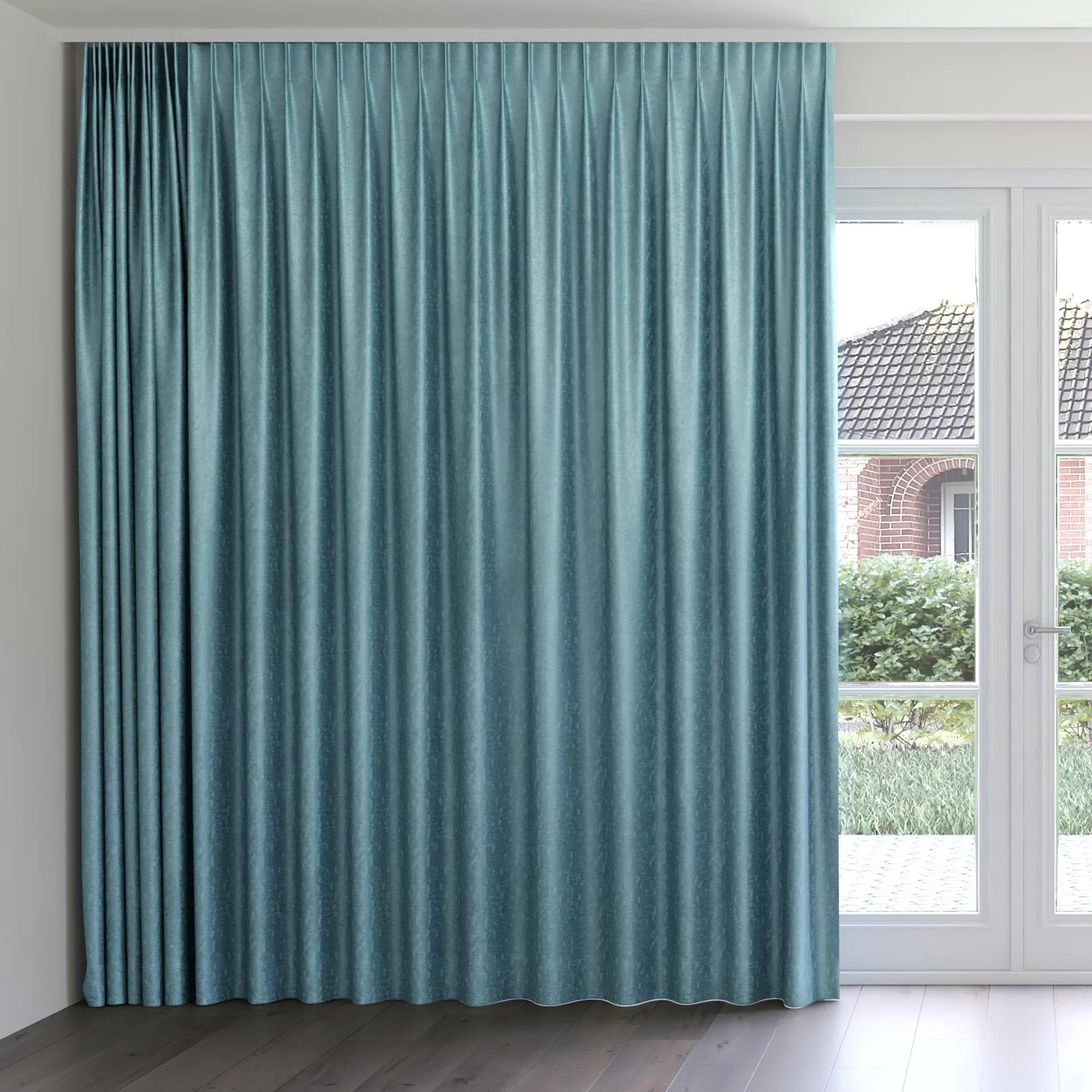 Front view of Hug Teal, on curtain rail