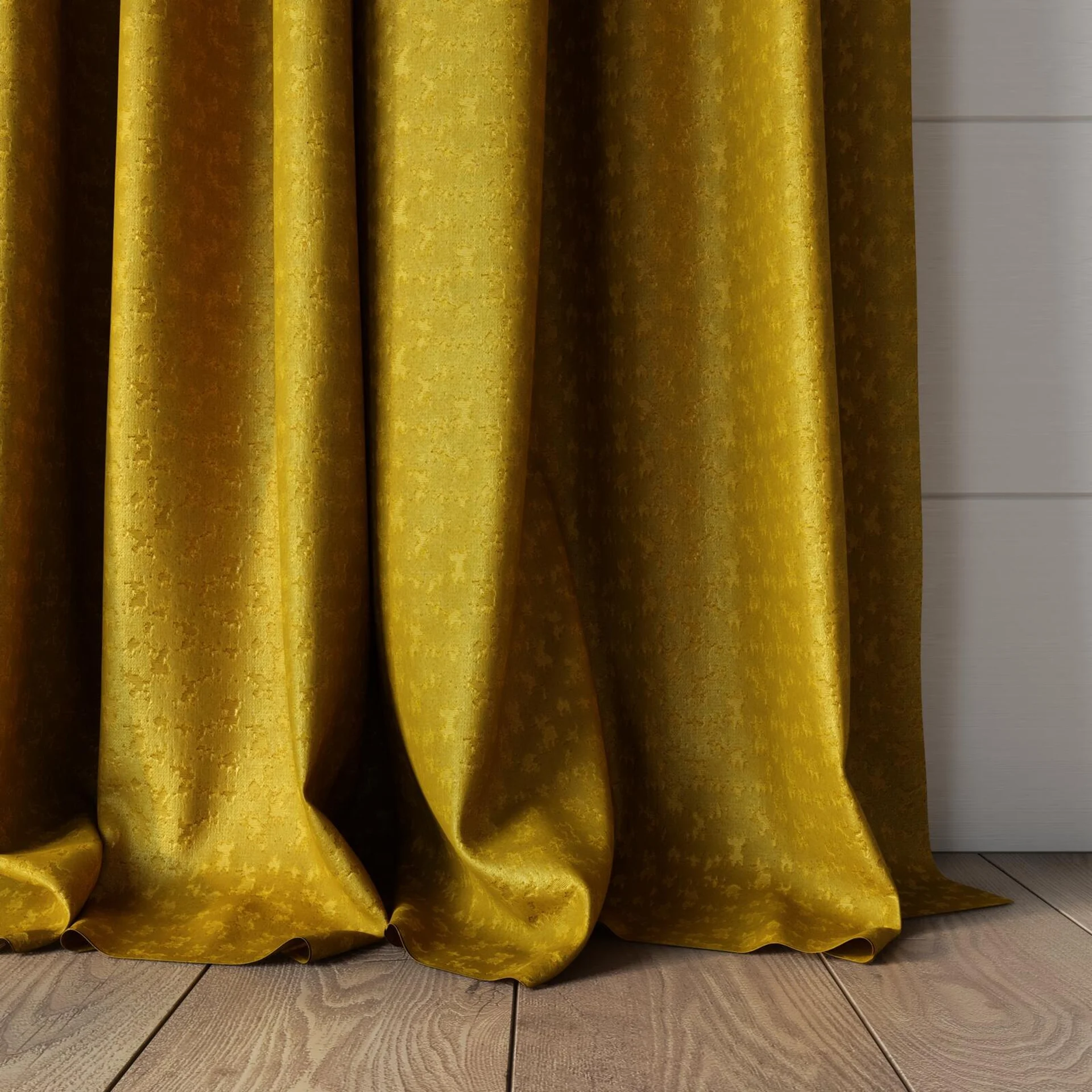 Bottom view of Requiem Gold, puddled, on curtain rod
