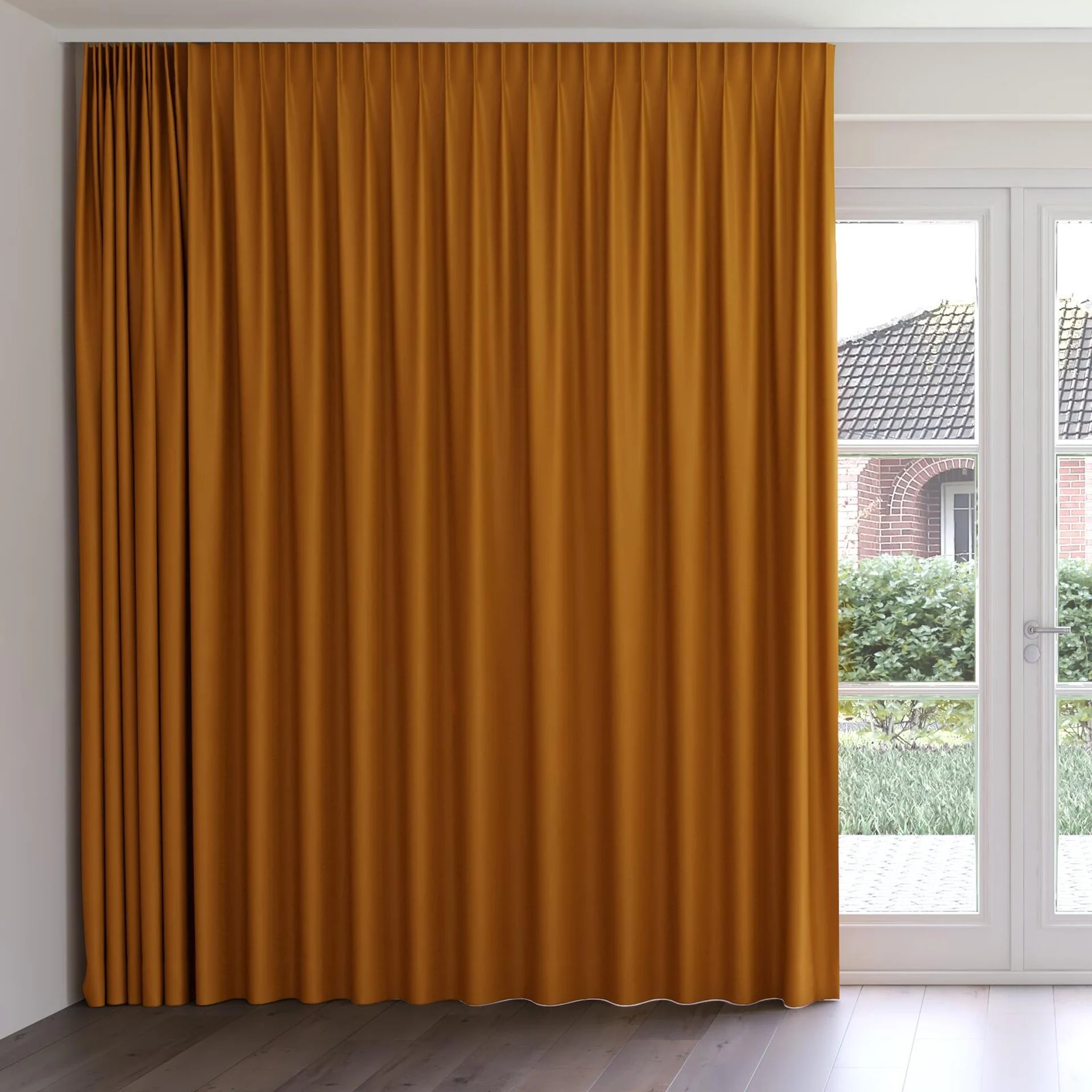 Front view of Woolskin Autumn, on curtain rail
