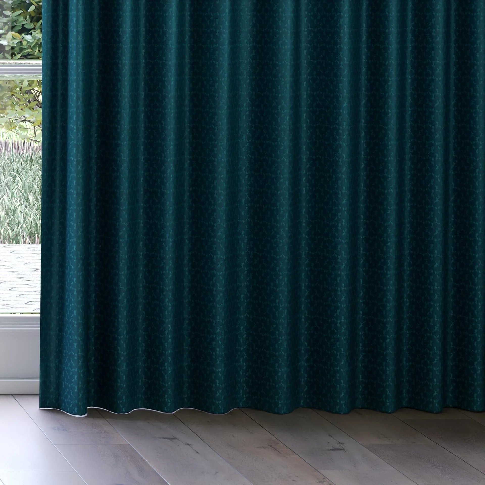 Bottom view of Requiem Teal, on curtain rail