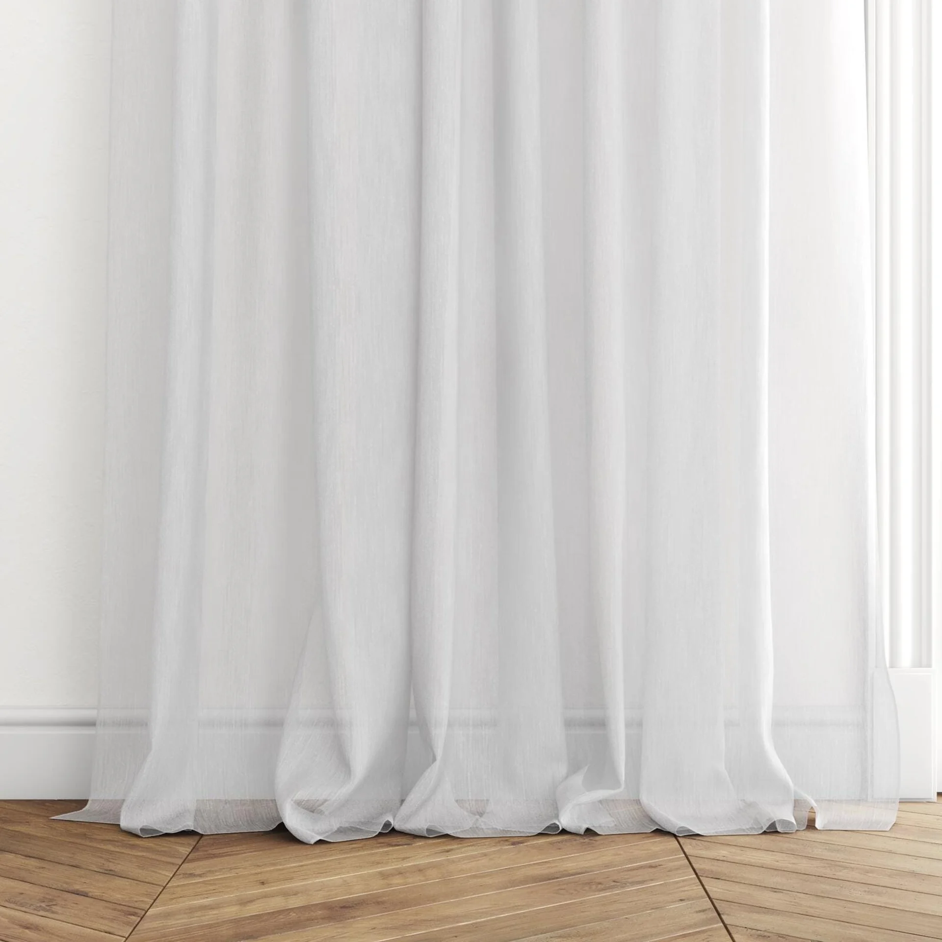 Bottom view of Stratus Chalk, puddled with pinch pleat, on curtain rod