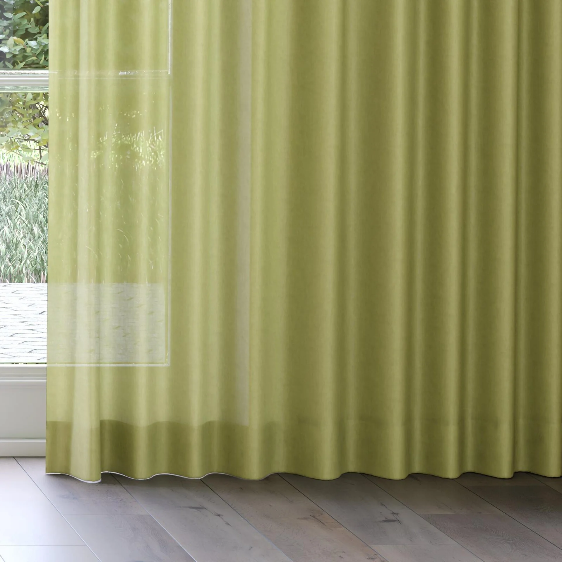 Bottom view of Flo II Pesto, on curtain rail