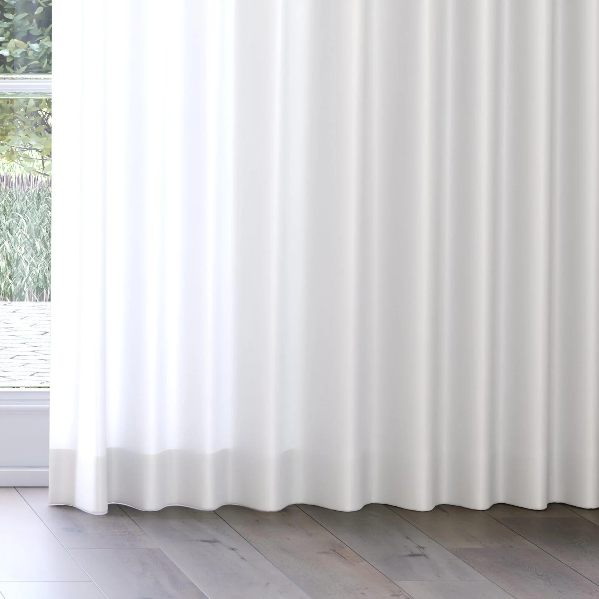 Bottom view of Optima Ecru, on curtain rail