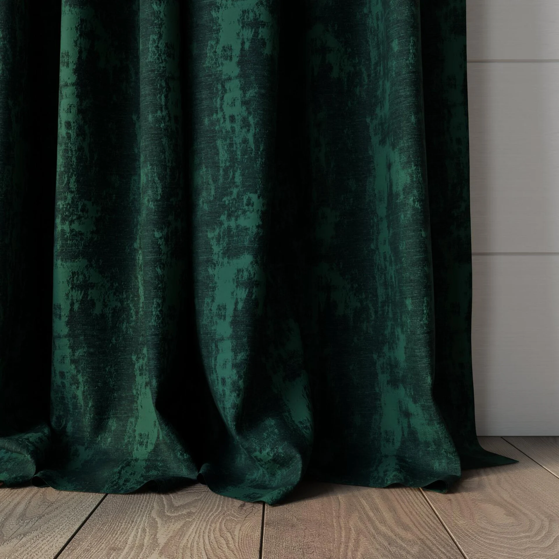 Bottom view of Innovation Forest, puddled, on curtain rod