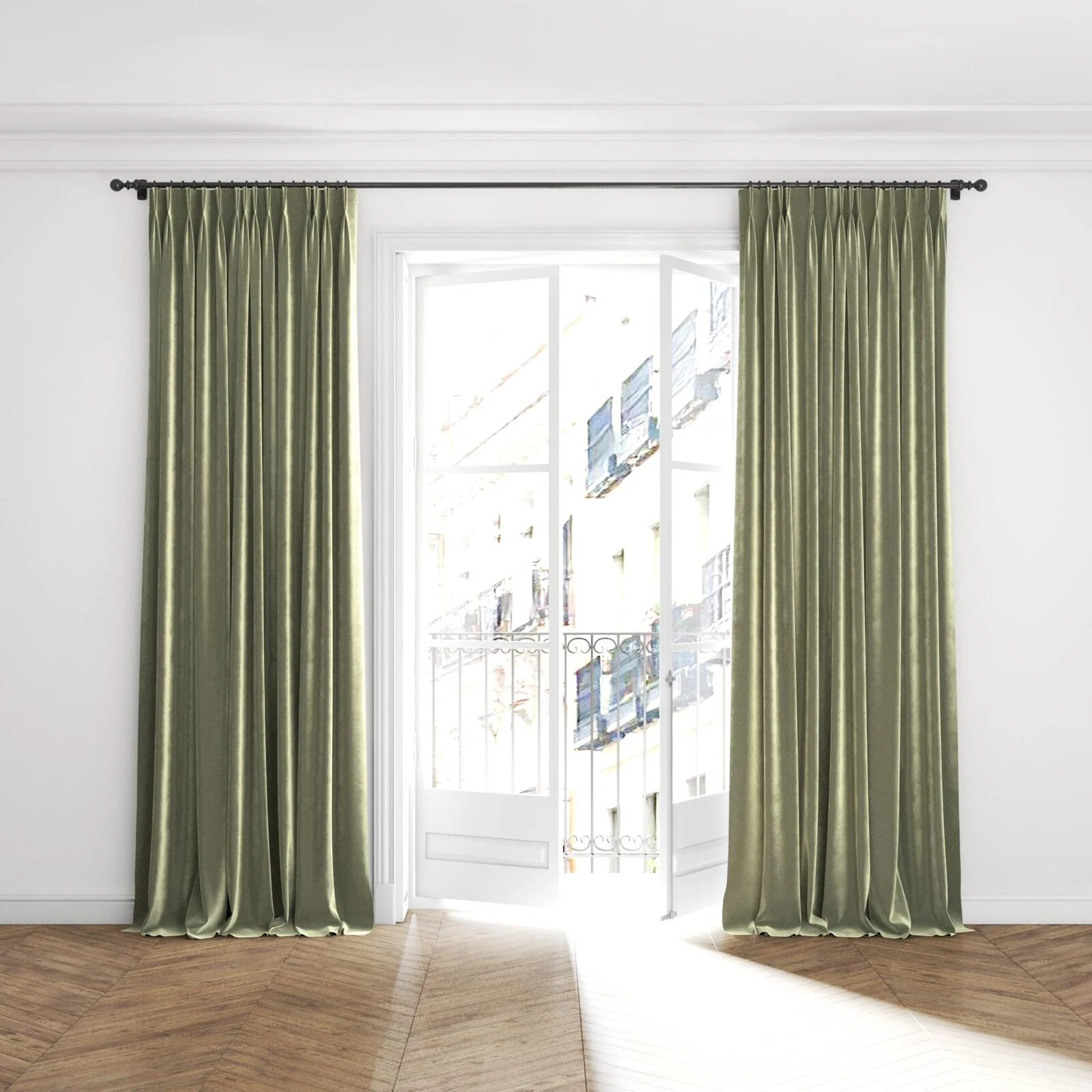 Full view of Velvelux Tarragon, puddled with pinch pleat, on curtain rod