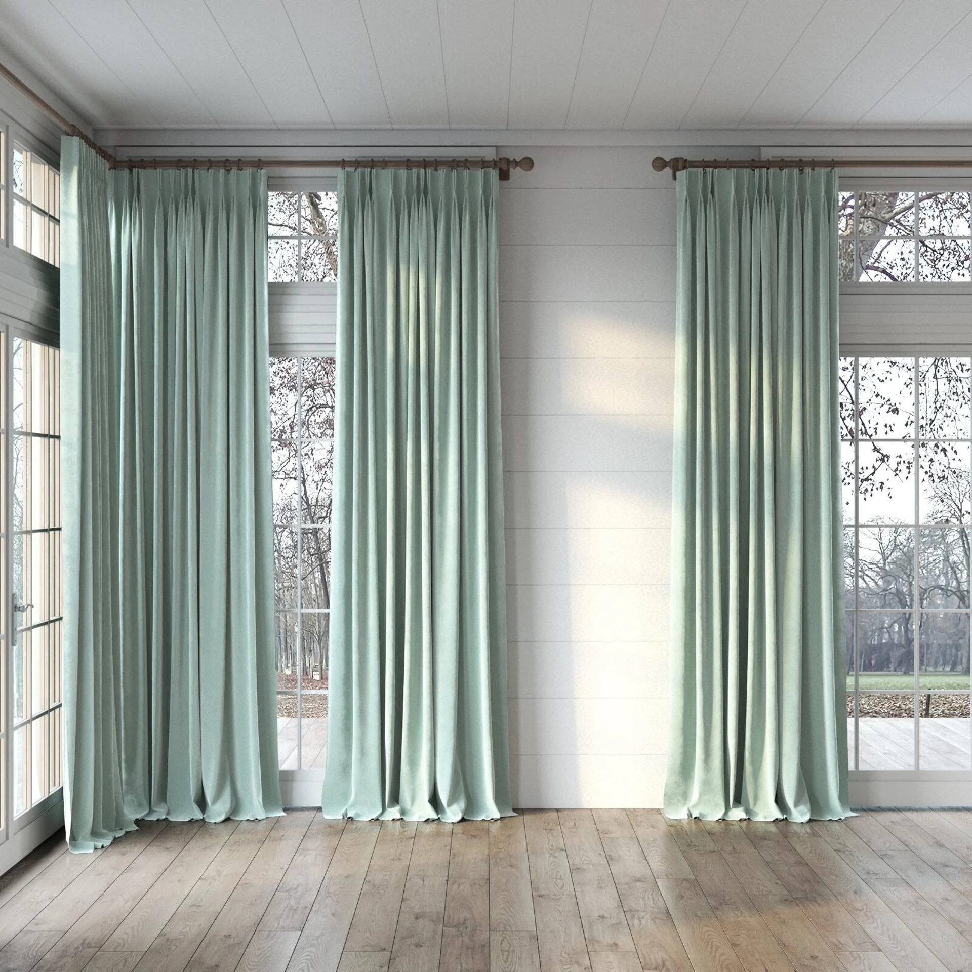 Full view of Lux Velvet Duckegg 8820, puddled, on curtain rod