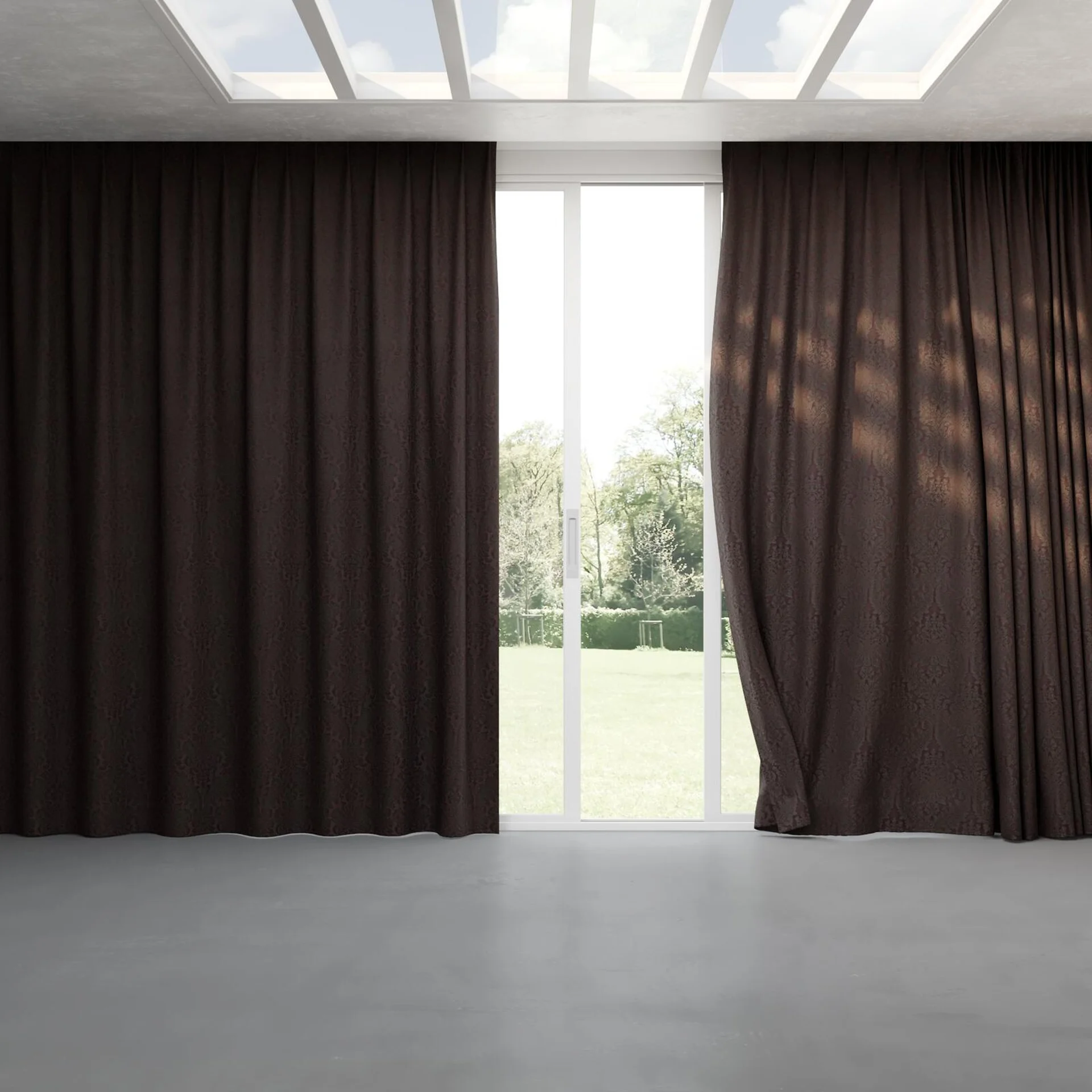 Full view of Gosh Aubergine, pinch pleat