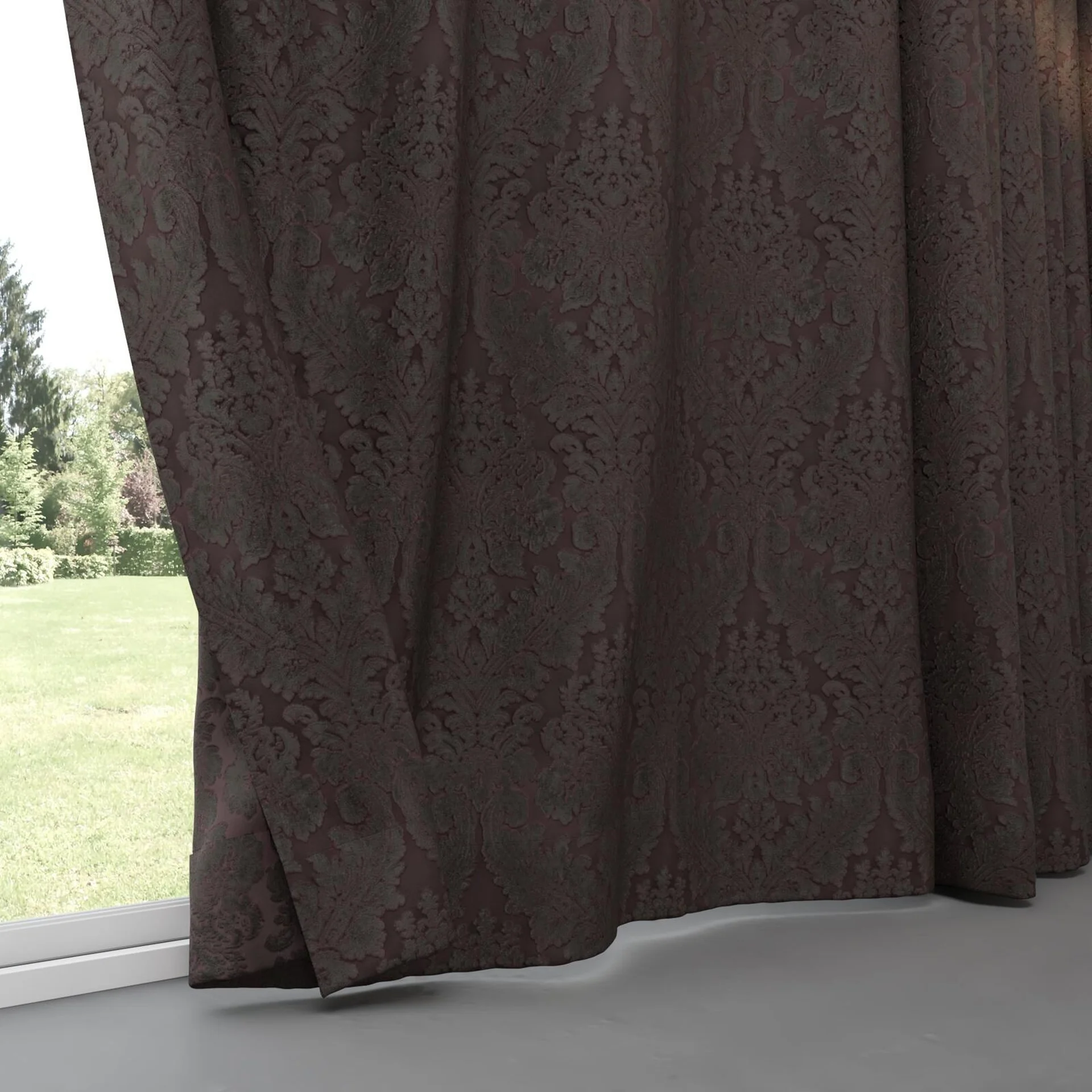 Bottom view of Gosh Aubergine, pinch pleat