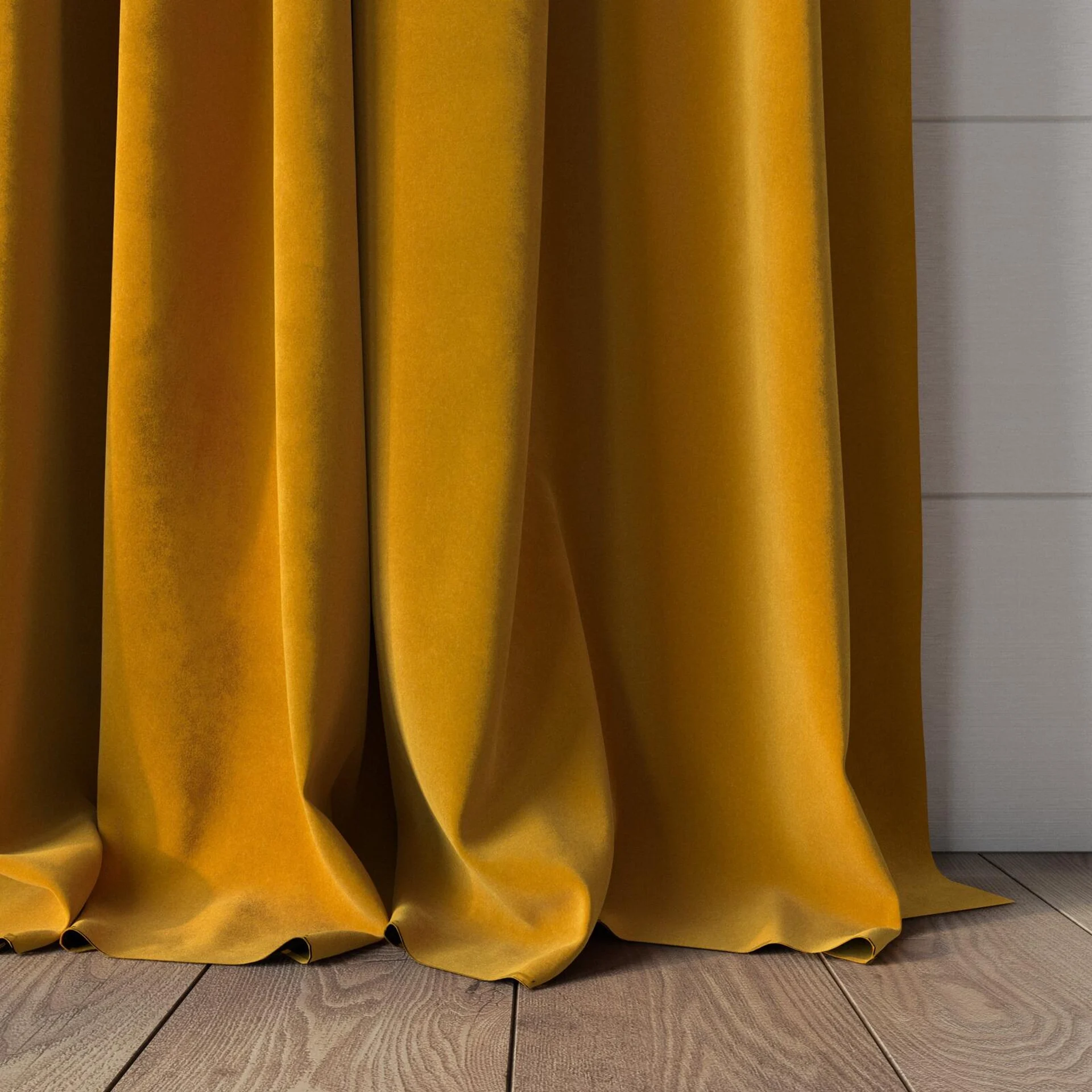 Bottom view of Lux Velvet Gold 8201, puddled, on curtain rod
