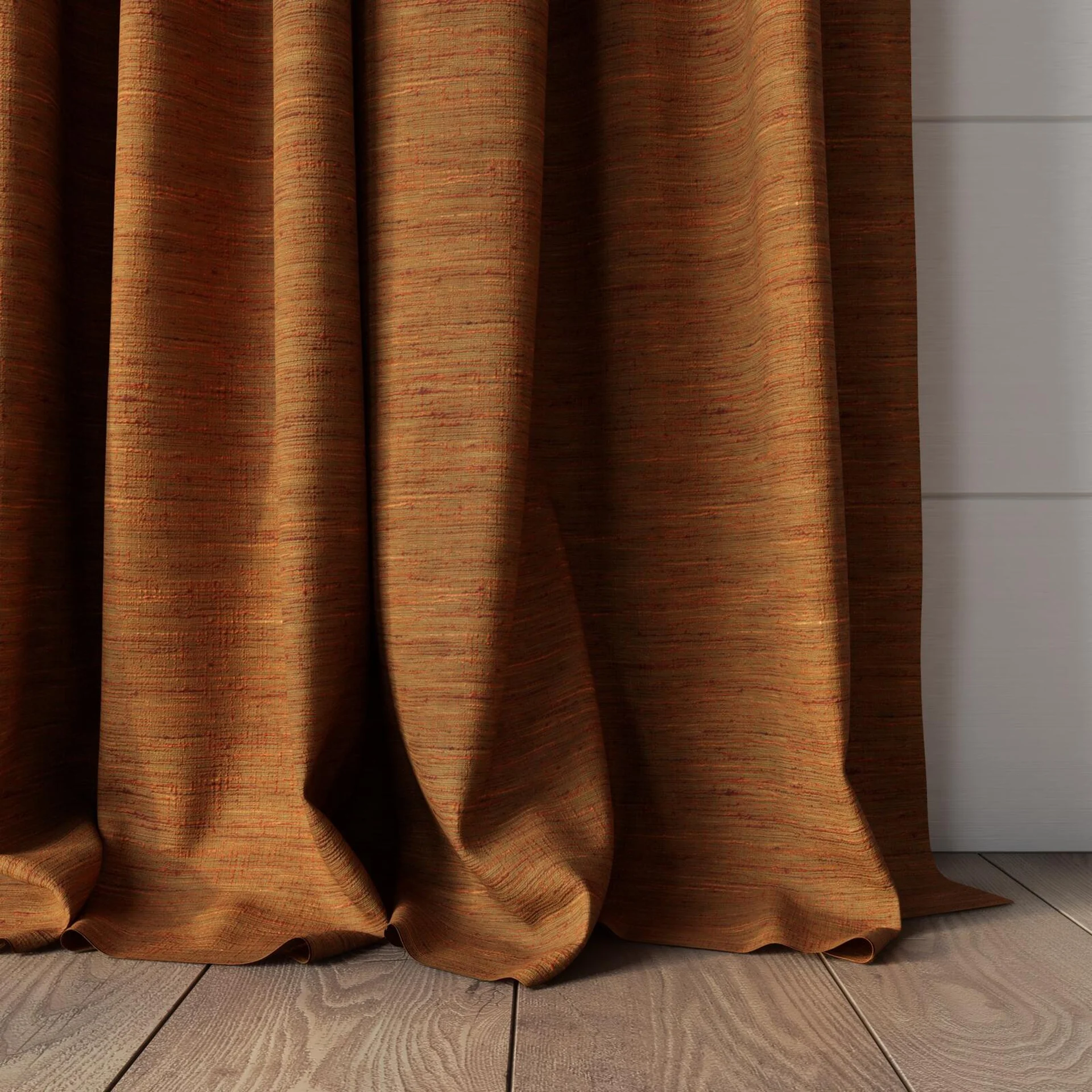 Bottom view of Venus Autumn, puddled, on curtain rod