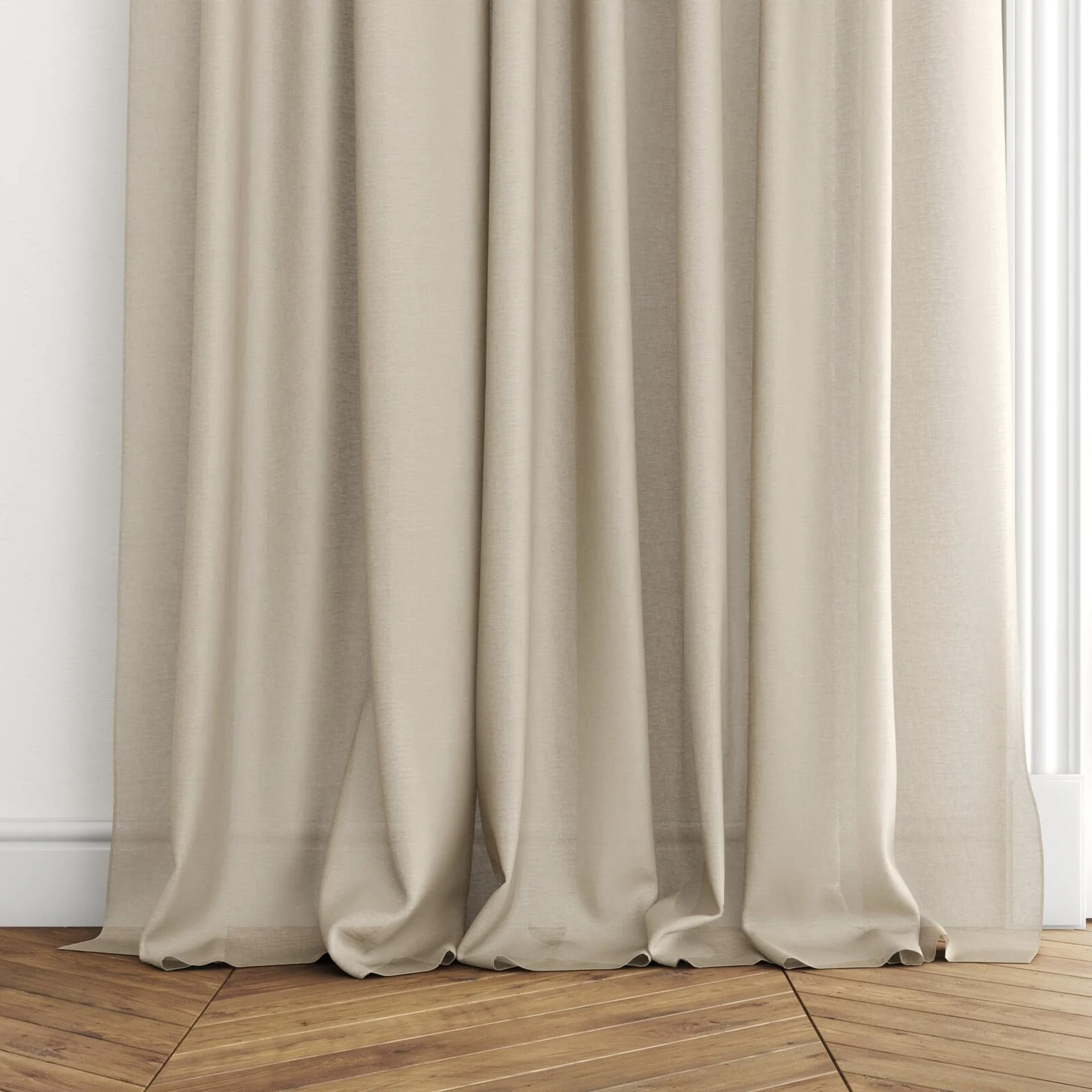 Bottom view of Laconia Air Hemp, puddled with pinch pleat, on curtain rod