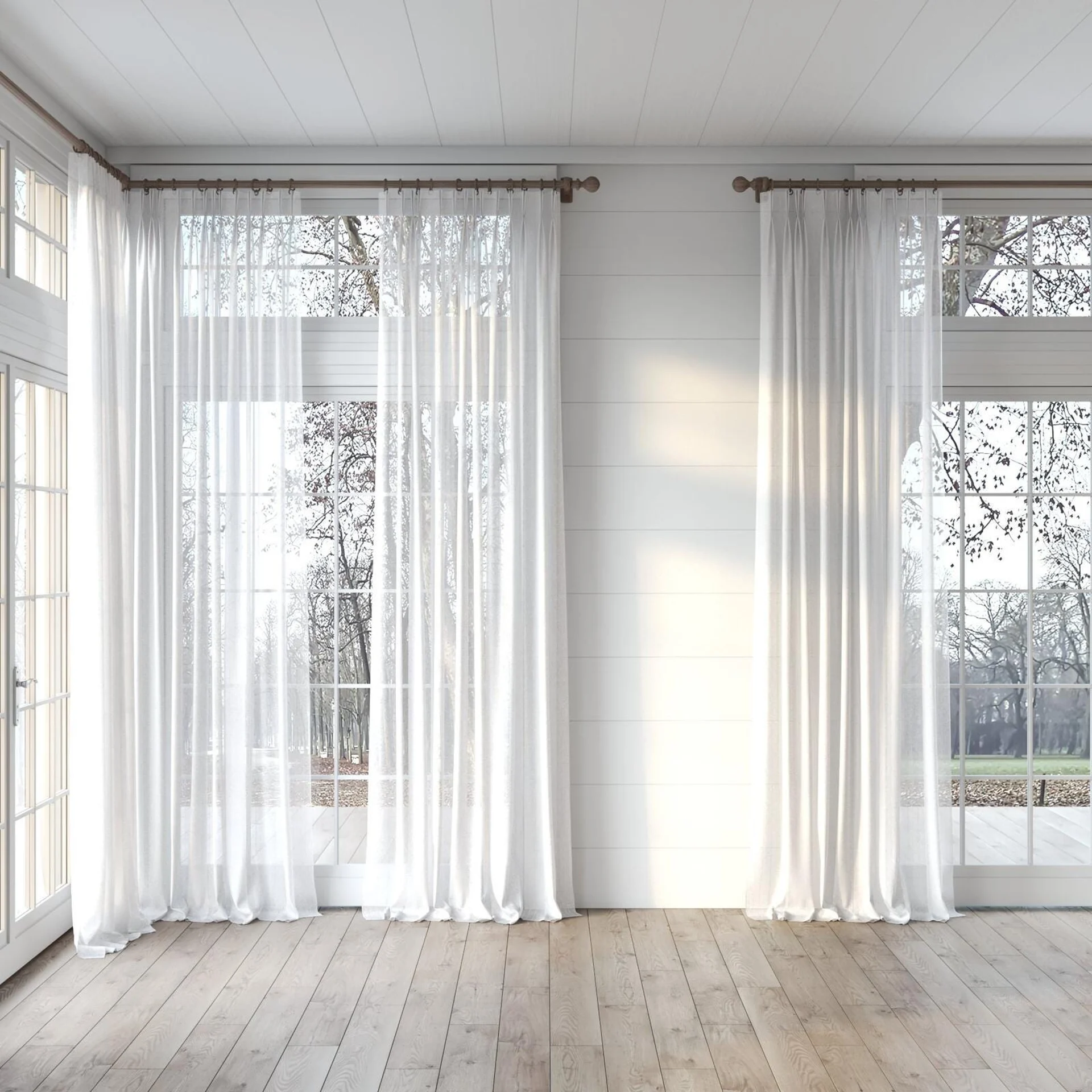 Full view of Mira Petal, puddled, on curtain rod