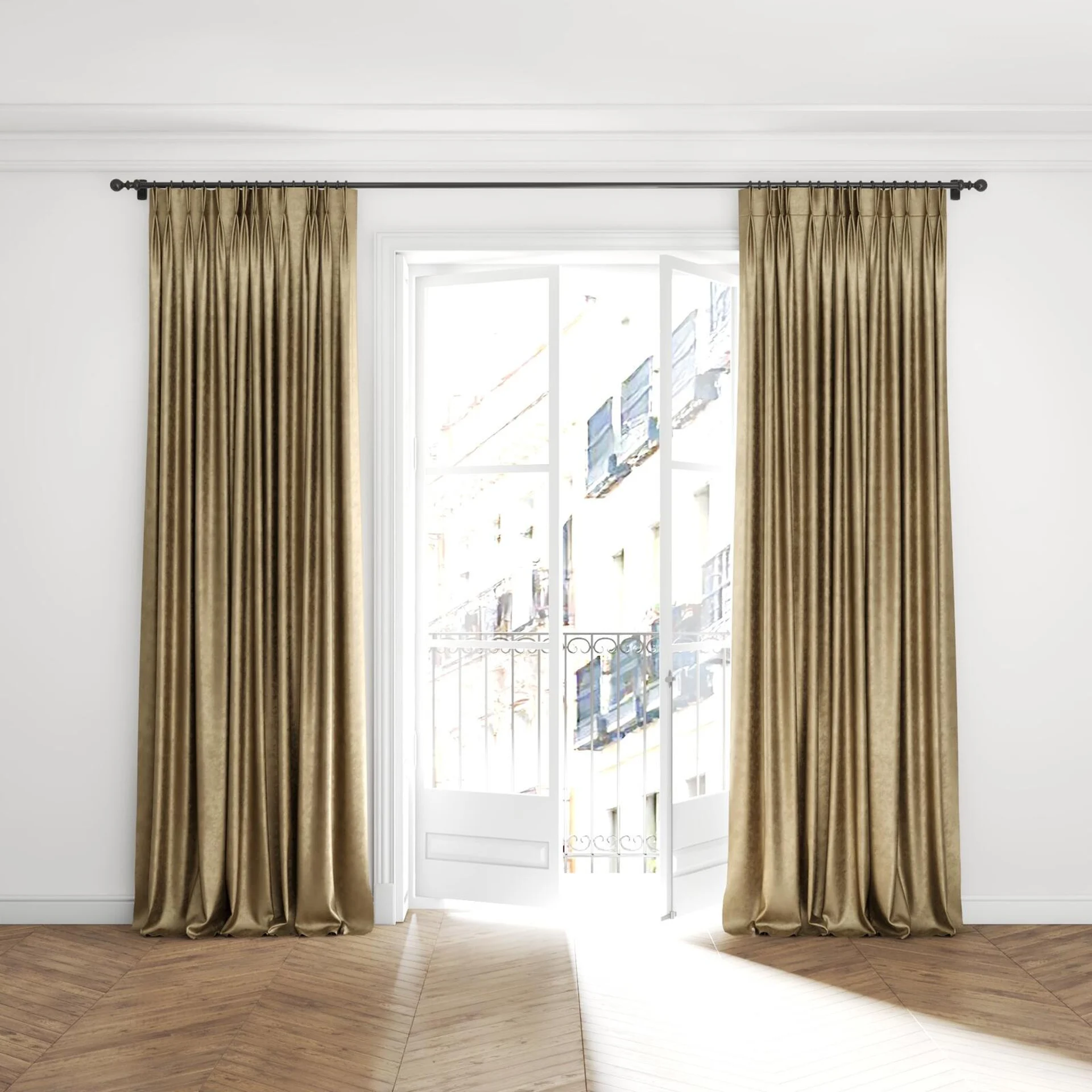 Full view of Fizz Earth, puddled with pinch pleat, on curtain rod